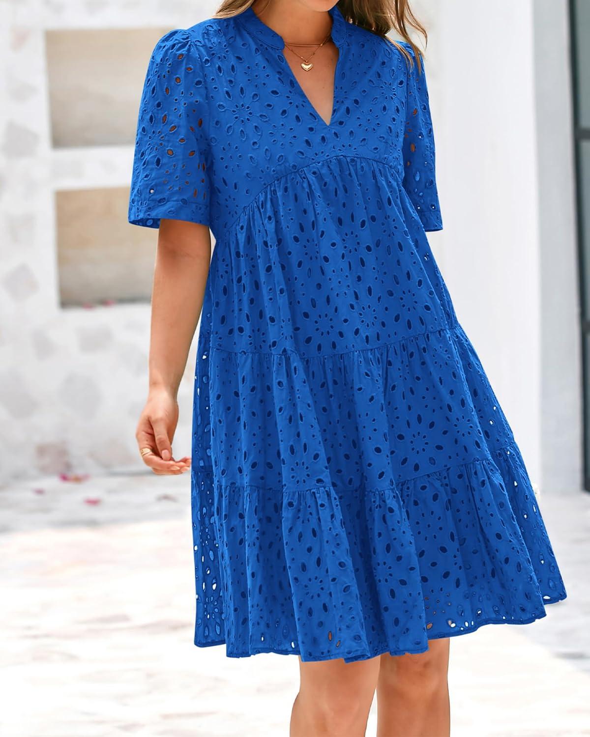 imageBTFBM Womens Boho Summer Dresses 2026 Spring V Neck Short Sleeve Hollow Out Lace Ruffle Casual Beach Mini Vacation DressRoyal Blue