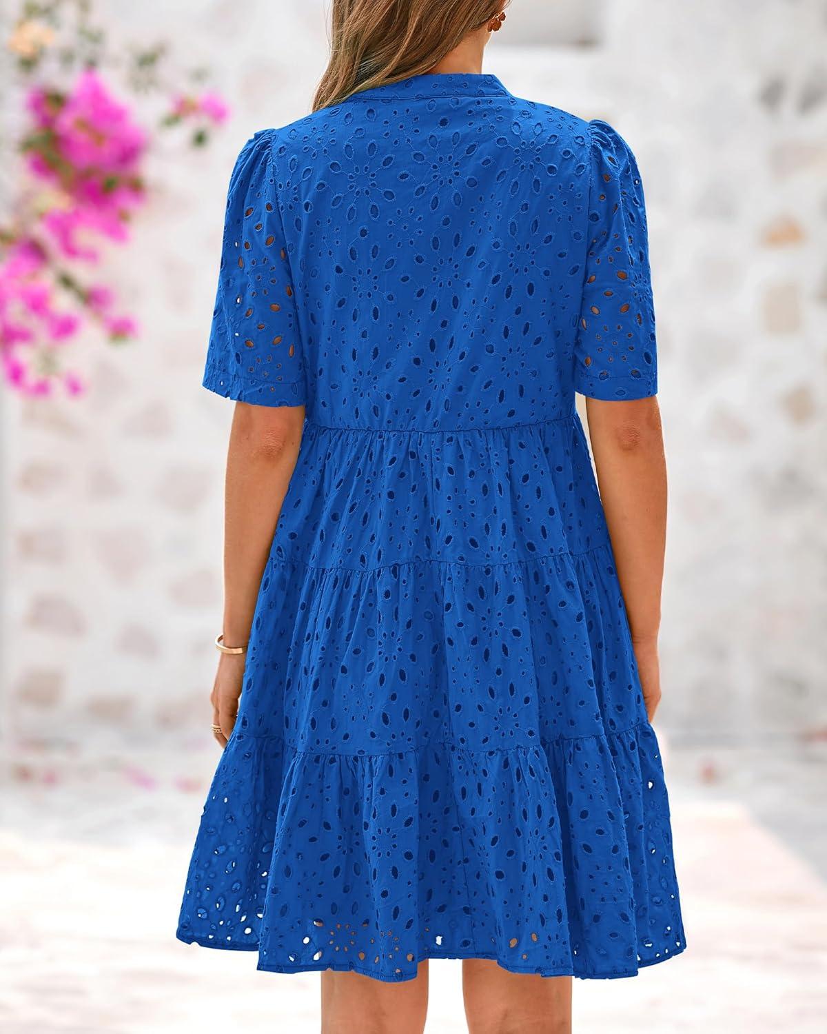 imageBTFBM Womens Boho Summer Dresses 2026 Spring V Neck Short Sleeve Hollow Out Lace Ruffle Casual Beach Mini Vacation DressRoyal Blue