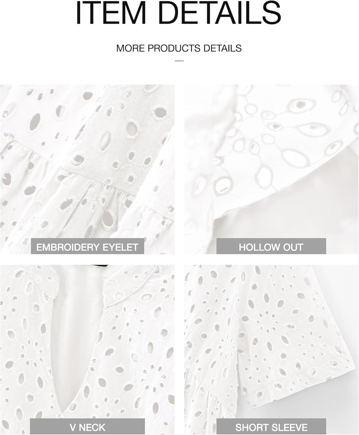 imageBTFBM Womens Boho Summer Dresses 2026 Spring V Neck Short Sleeve Hollow Out Lace Ruffle Casual Beach Mini Vacation DressWhite