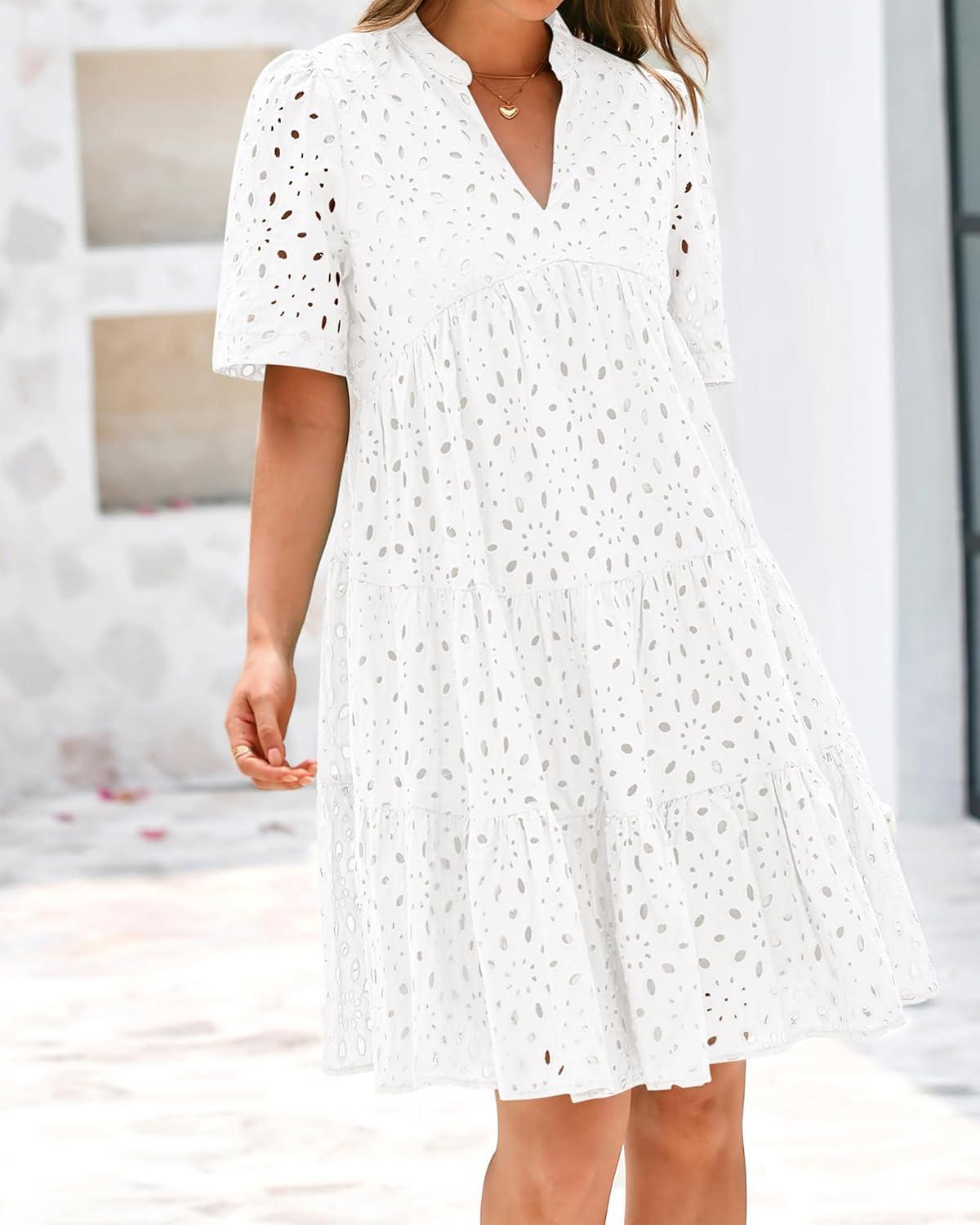 imageBTFBM Womens Boho Summer Dresses 2026 Spring V Neck Short Sleeve Hollow Out Lace Ruffle Casual Beach Mini Vacation DressWhite