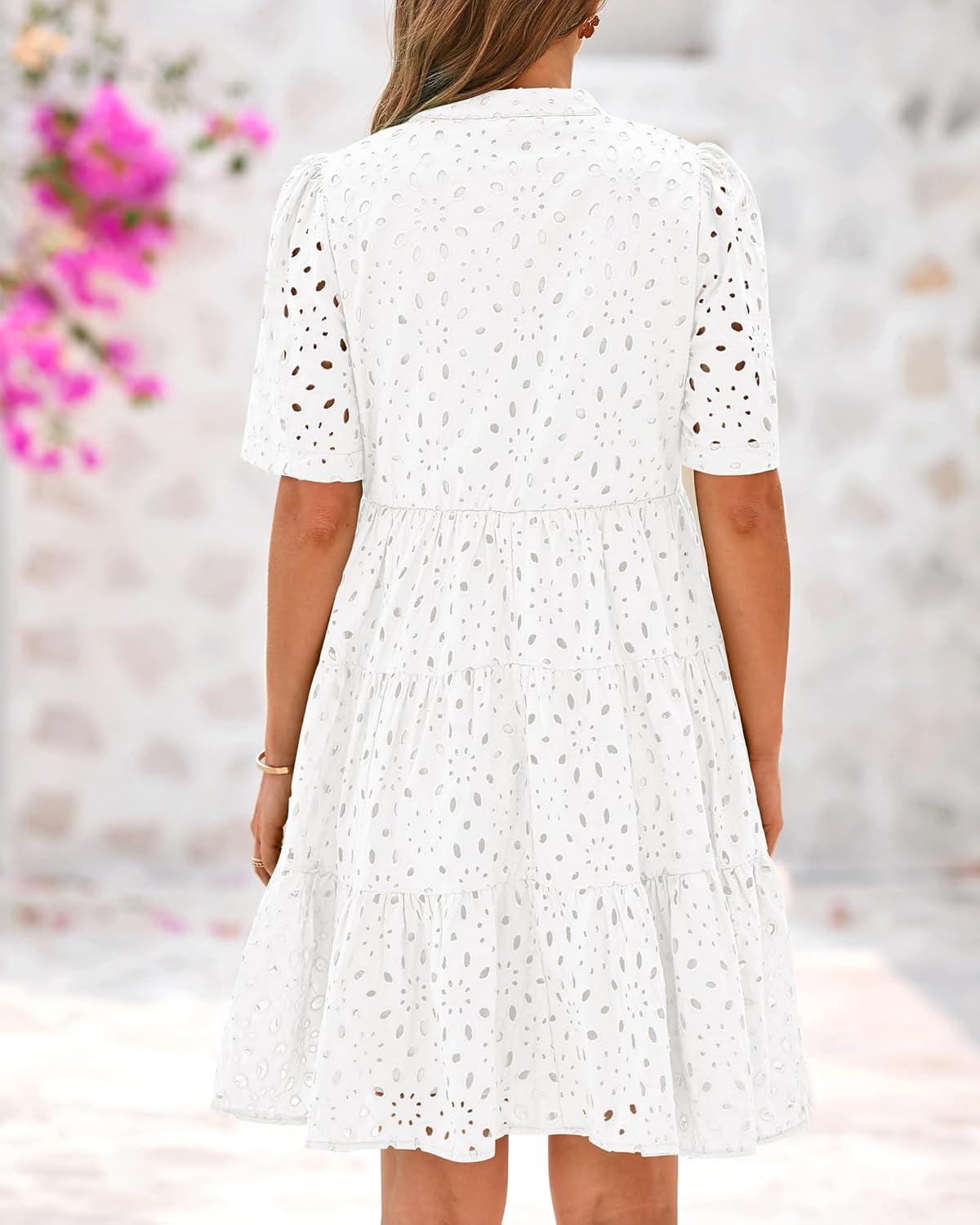 imageBTFBM Womens Boho Summer Dresses 2026 Spring V Neck Short Sleeve Hollow Out Lace Ruffle Casual Beach Mini Vacation DressWhite