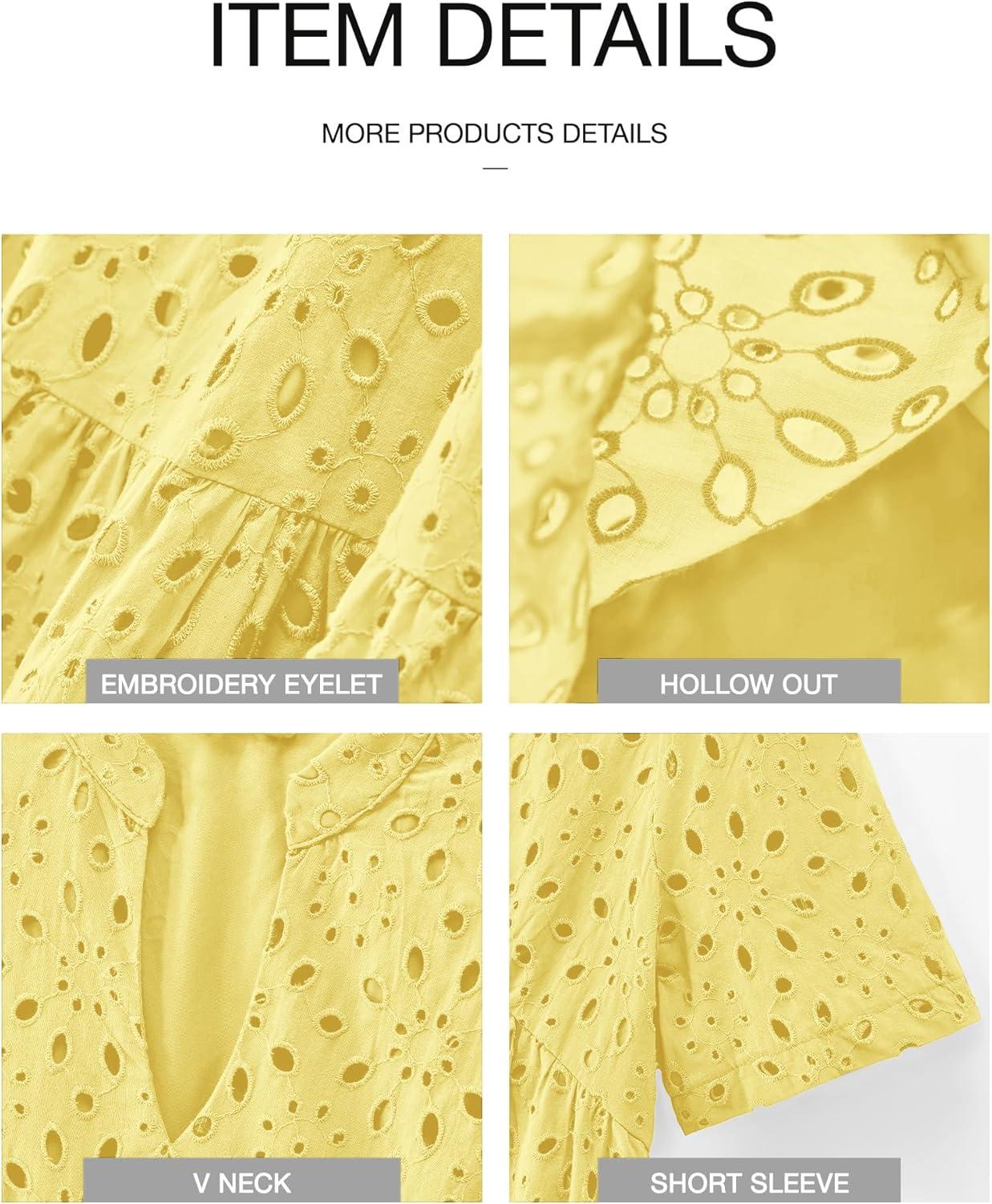 imageBTFBM Womens Boho Summer Dresses 2026 Spring V Neck Short Sleeve Hollow Out Lace Ruffle Casual Beach Mini Vacation DressYellow