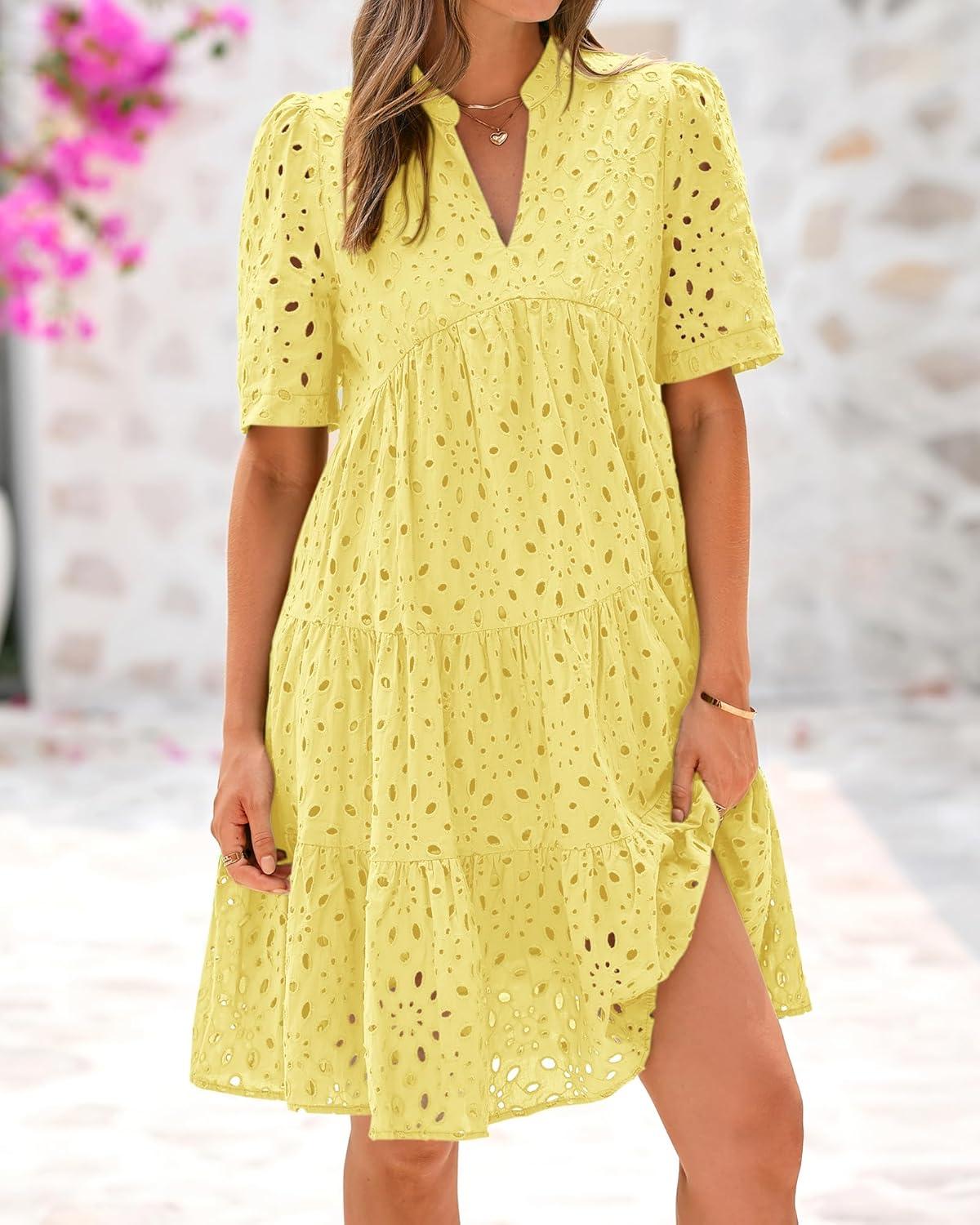 imageBTFBM Womens Boho Summer Dresses 2026 Spring V Neck Short Sleeve Hollow Out Lace Ruffle Casual Beach Mini Vacation DressYellow