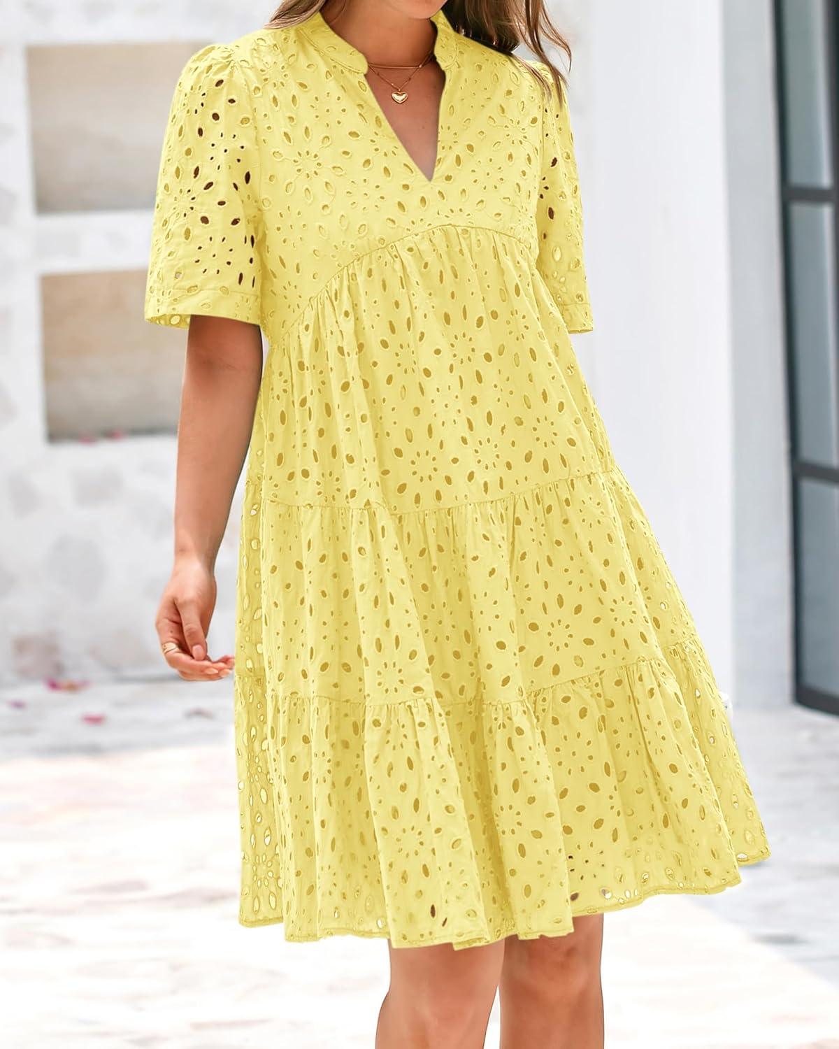 imageBTFBM Womens Boho Summer Dresses 2026 Spring V Neck Short Sleeve Hollow Out Lace Ruffle Casual Beach Mini Vacation DressYellow