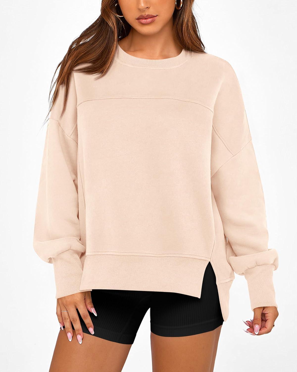 imageBTFBM Womens Casual Crewneck Sweatshirts 2025 Spring Fall Clothes Long Sleeve Side Slit Workout Fleece Pullover TopsBeige