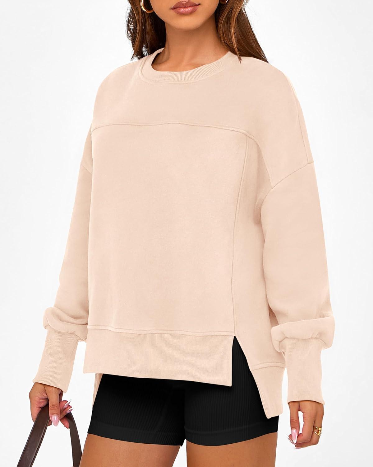 imageBTFBM Womens Casual Crewneck Sweatshirts 2025 Spring Fall Clothes Long Sleeve Side Slit Workout Fleece Pullover TopsBeige