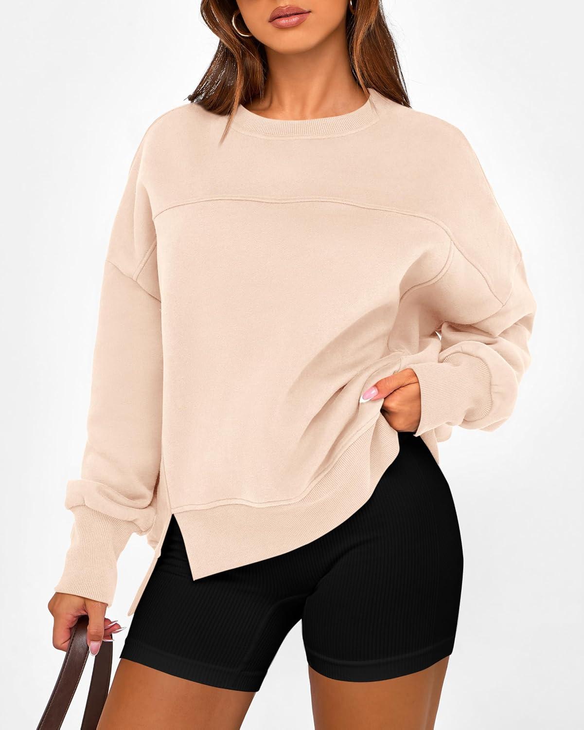imageBTFBM Womens Casual Crewneck Sweatshirts 2025 Spring Fall Clothes Long Sleeve Side Slit Workout Fleece Pullover TopsBeige