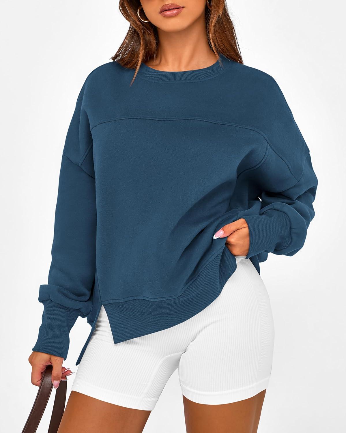 imageBTFBM Womens Casual Crewneck Sweatshirts 2025 Spring Fall Clothes Long Sleeve Side Slit Workout Fleece Pullover TopsDark Blue