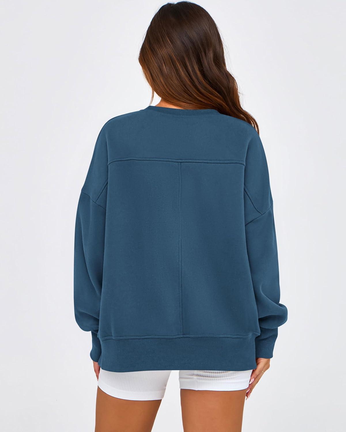 imageBTFBM Womens Casual Crewneck Sweatshirts 2025 Spring Fall Clothes Long Sleeve Side Slit Workout Fleece Pullover TopsDark Blue