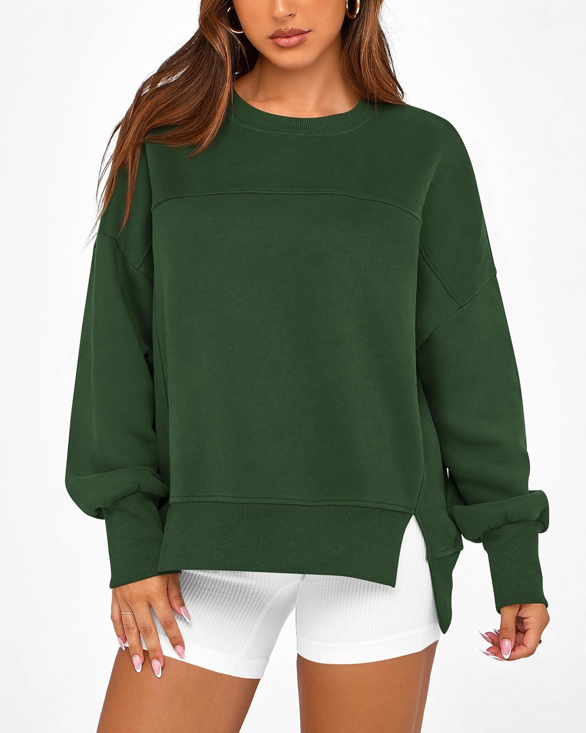 imageBTFBM Womens Casual Crewneck Sweatshirts 2025 Spring Fall Clothes Long Sleeve Side Slit Workout Fleece Pullover TopsDark Green