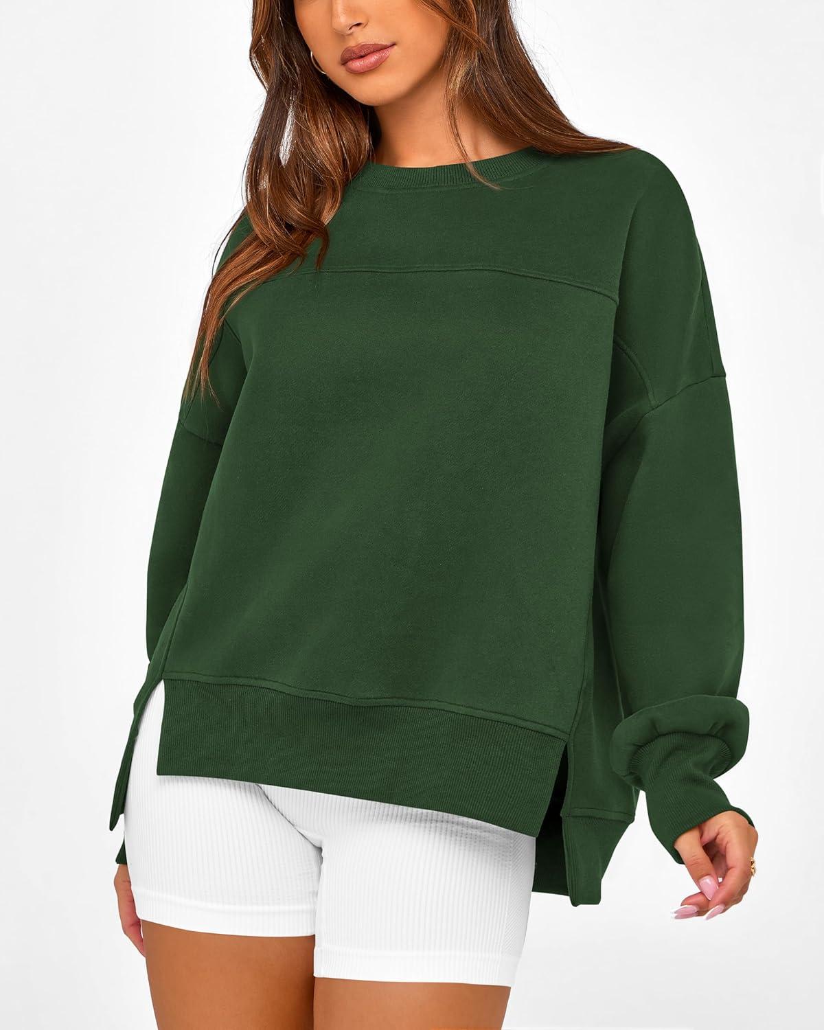 imageBTFBM Womens Casual Crewneck Sweatshirts 2025 Spring Fall Clothes Long Sleeve Side Slit Workout Fleece Pullover TopsDark Green