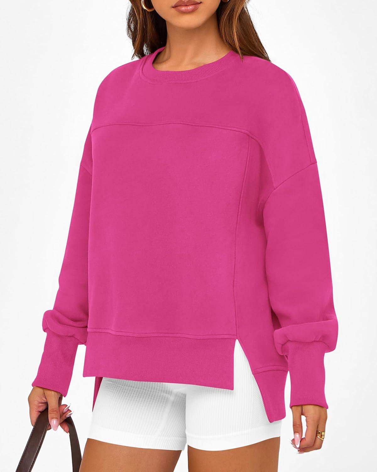 imageBTFBM Womens Casual Crewneck Sweatshirts 2025 Spring Fall Clothes Long Sleeve Side Slit Workout Fleece Pullover TopsRose Red