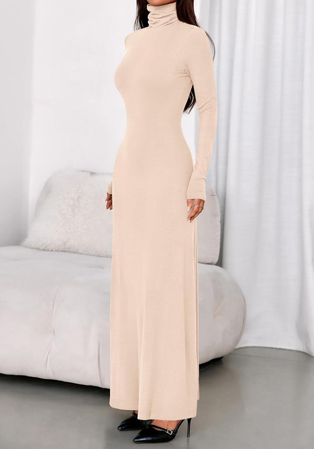 imageBTFBM Womens Dresses Long Sleeve Turtle Neck Stretchy Knit Long Maxi Semi Formal Party Fall Wedding Guest Dress 2025Apricot