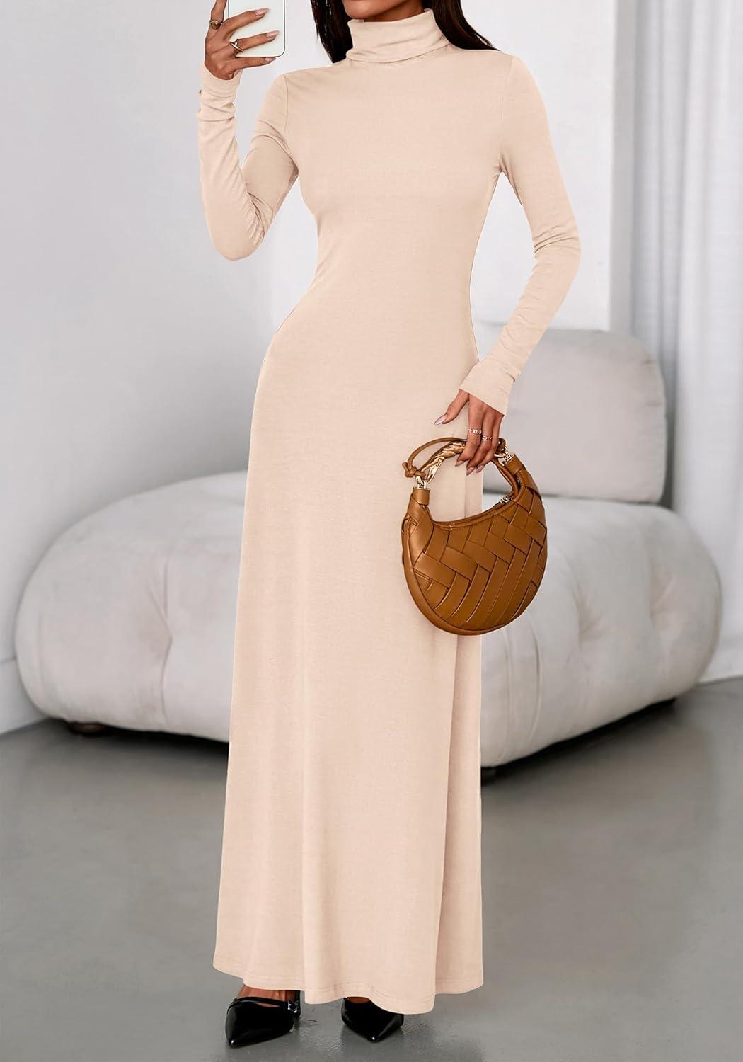 imageBTFBM Womens Dresses Long Sleeve Turtle Neck Stretchy Knit Long Maxi Semi Formal Party Fall Wedding Guest Dress 2025Apricot