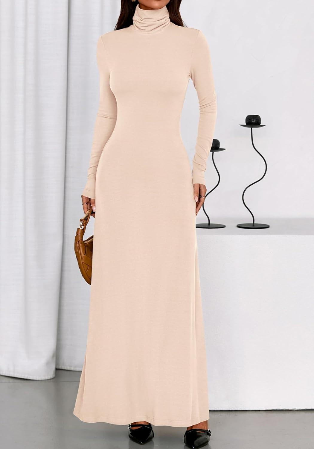 imageBTFBM Womens Dresses Long Sleeve Turtle Neck Stretchy Knit Long Maxi Semi Formal Party Fall Wedding Guest Dress 2025Apricot