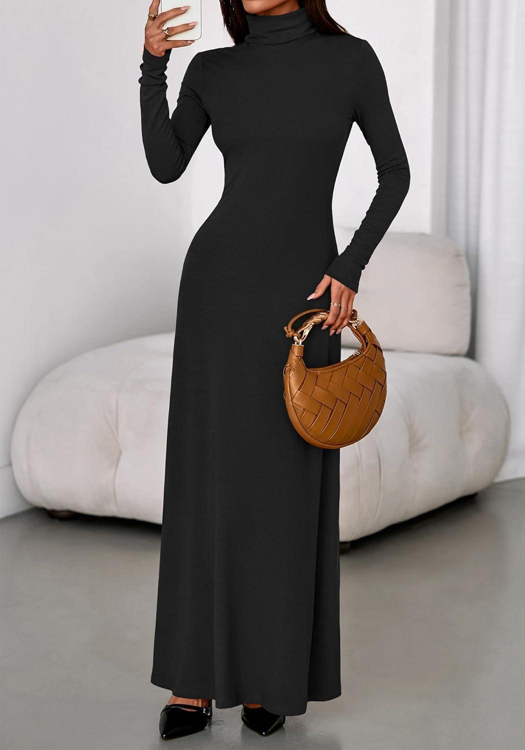 imageBTFBM Womens Dresses Long Sleeve Turtle Neck Stretchy Knit Long Maxi Semi Formal Party Fall Wedding Guest Dress 2025Black