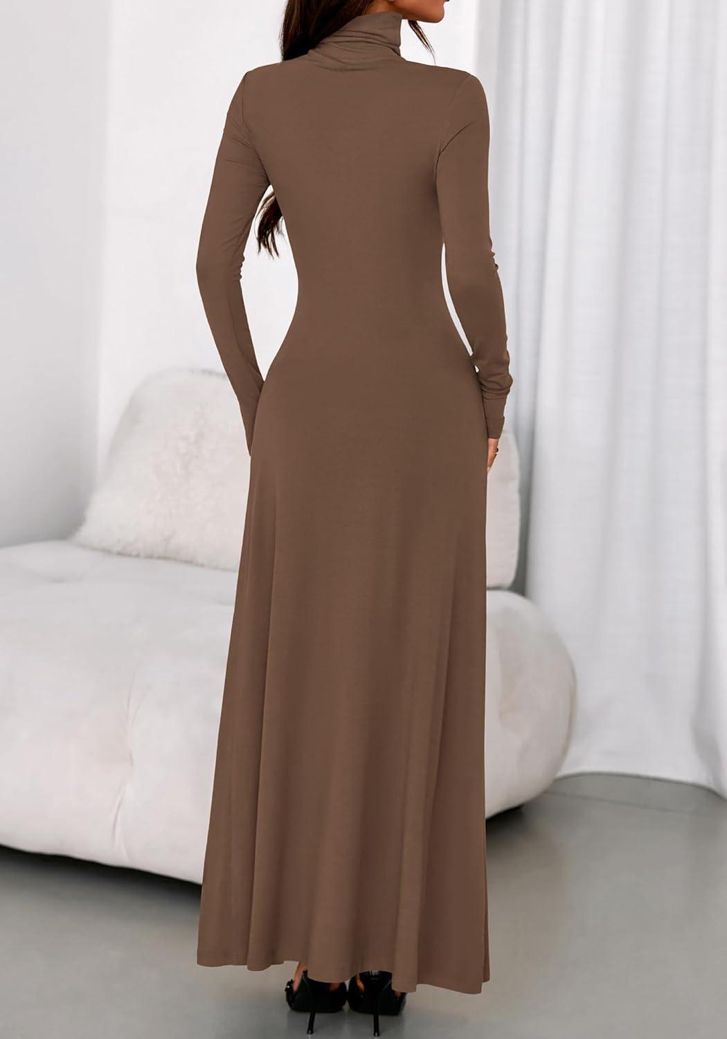 imageBTFBM Womens Dresses Long Sleeve Turtle Neck Stretchy Knit Long Maxi Semi Formal Party Fall Wedding Guest Dress 2025Brown