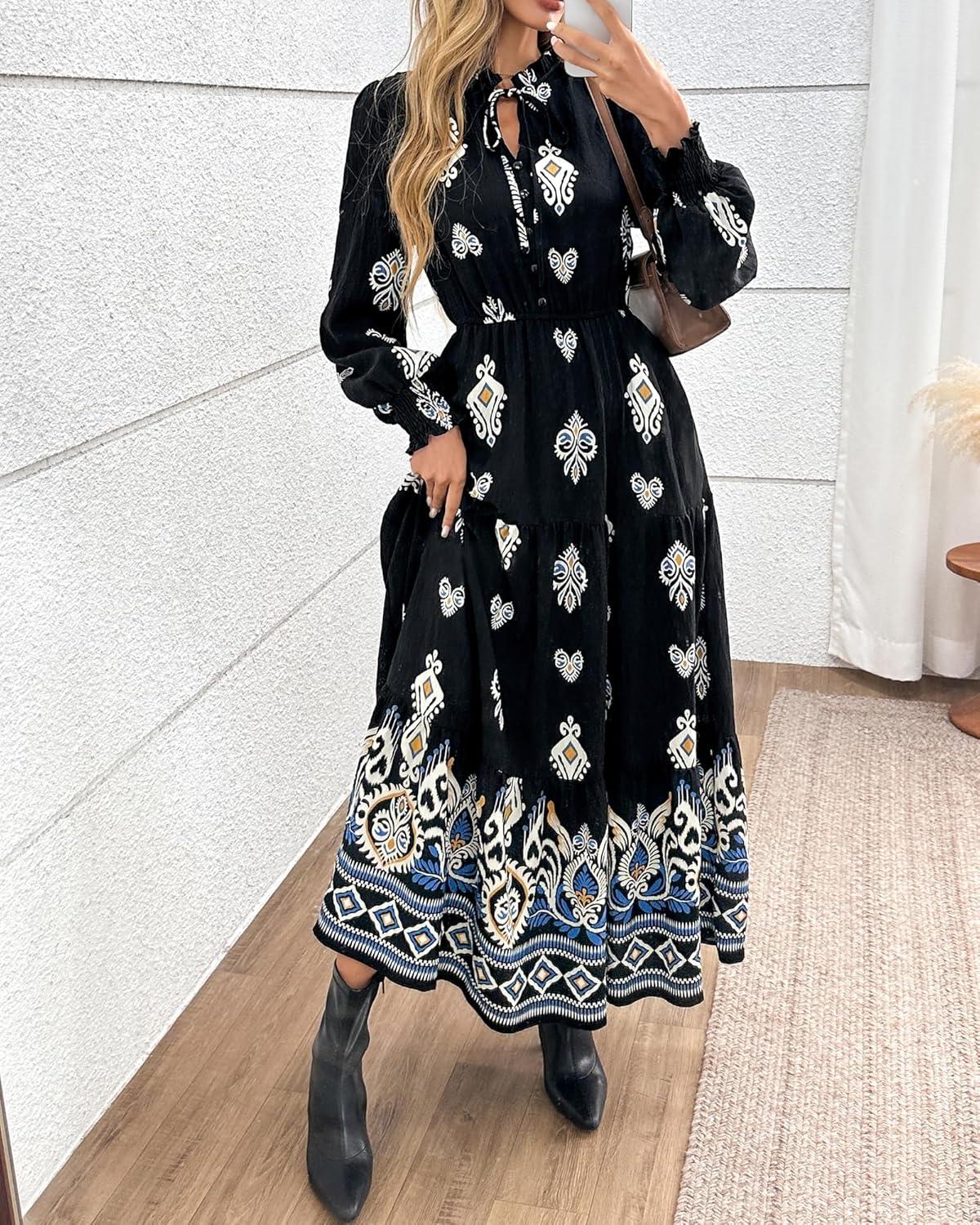 imageBTFBM Womens Fall Wedding Guest Dresses 2025 Casual Floral Long Sleeve V Neck Front Tie Flowy Boho Maxi Dress PocketsBlack White Flower