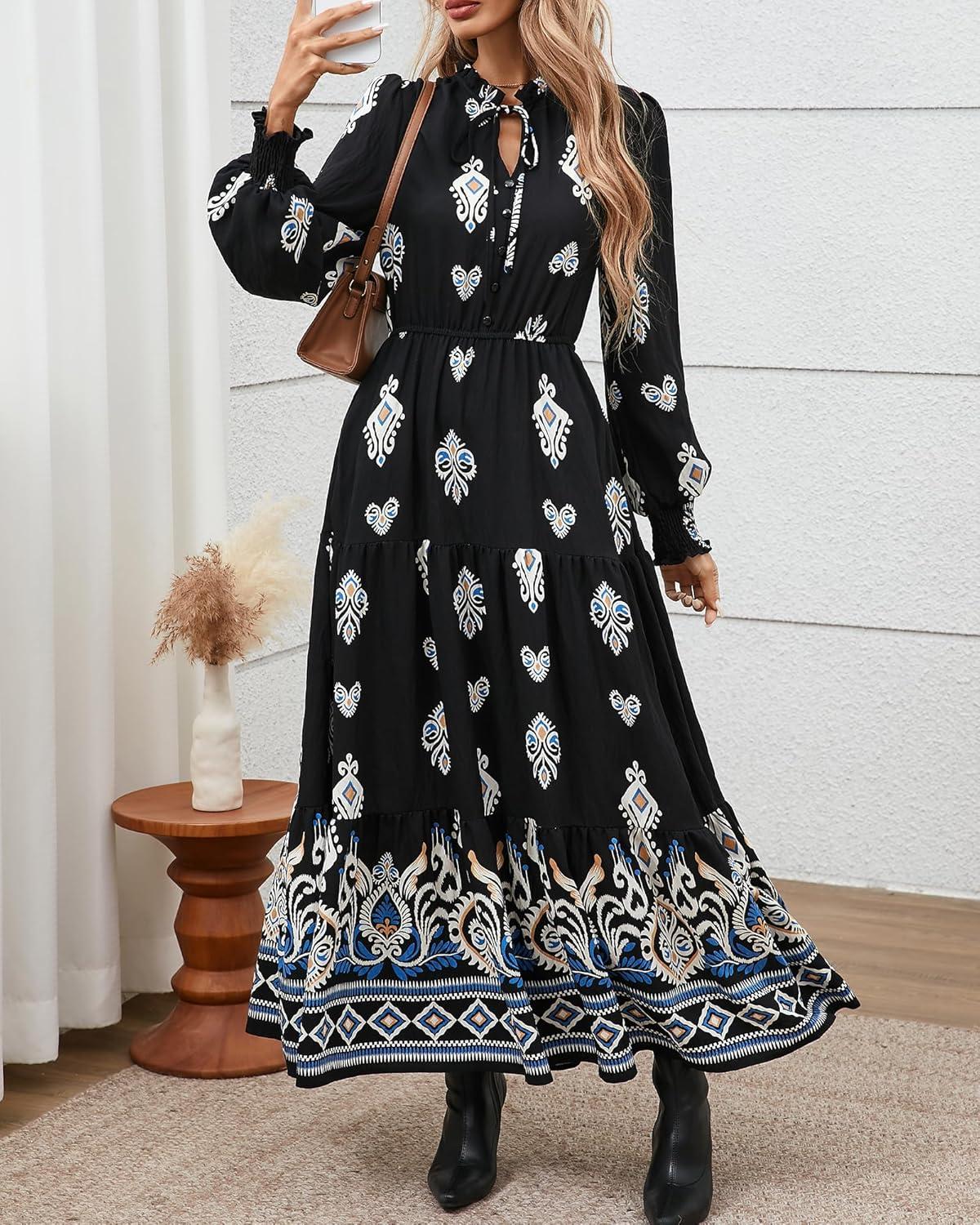 imageBTFBM Womens Fall Wedding Guest Dresses 2025 Casual Floral Long Sleeve V Neck Front Tie Flowy Boho Maxi Dress PocketsBlack White Flower
