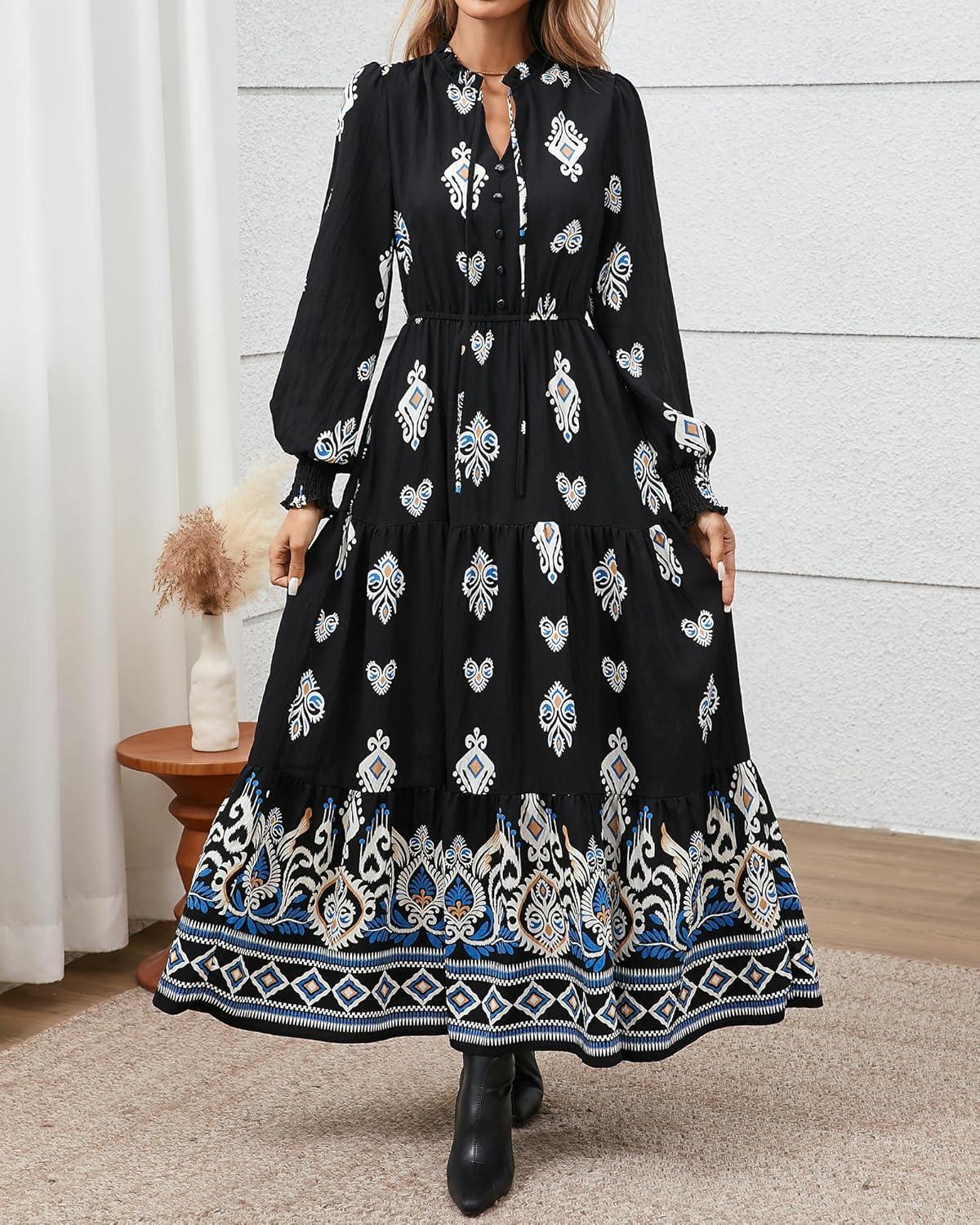 imageBTFBM Womens Fall Wedding Guest Dresses 2025 Casual Floral Long Sleeve V Neck Front Tie Flowy Boho Maxi Dress PocketsBlack White Flower