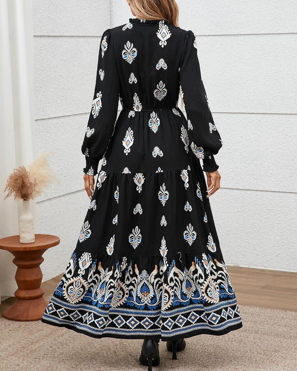 imageBTFBM Womens Fall Wedding Guest Dresses 2025 Casual Floral Long Sleeve V Neck Front Tie Flowy Boho Maxi Dress PocketsBlack White Flower