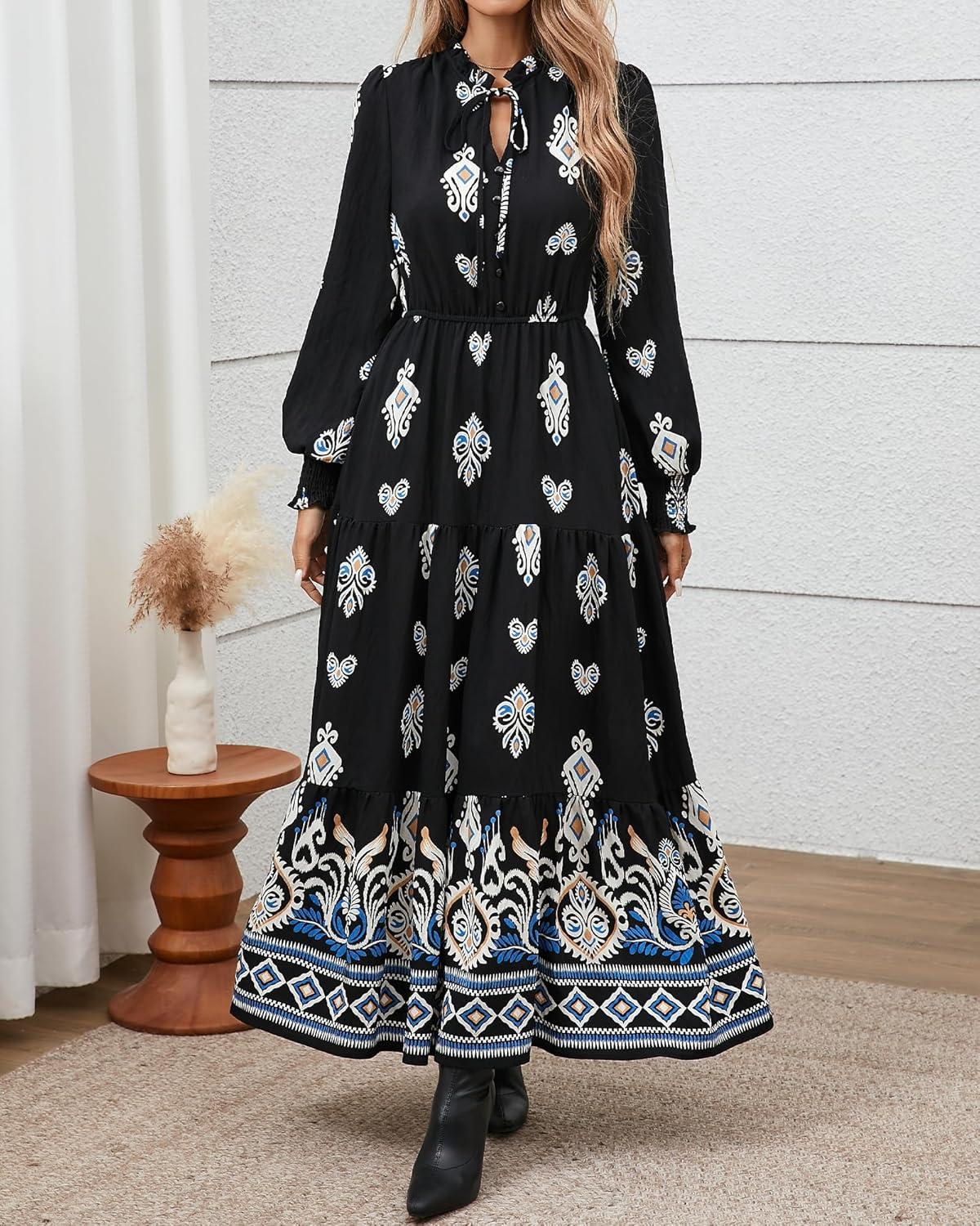 imageBTFBM Womens Fall Wedding Guest Dresses 2025 Casual Floral Long Sleeve V Neck Front Tie Flowy Boho Maxi Dress PocketsBlack White Flower