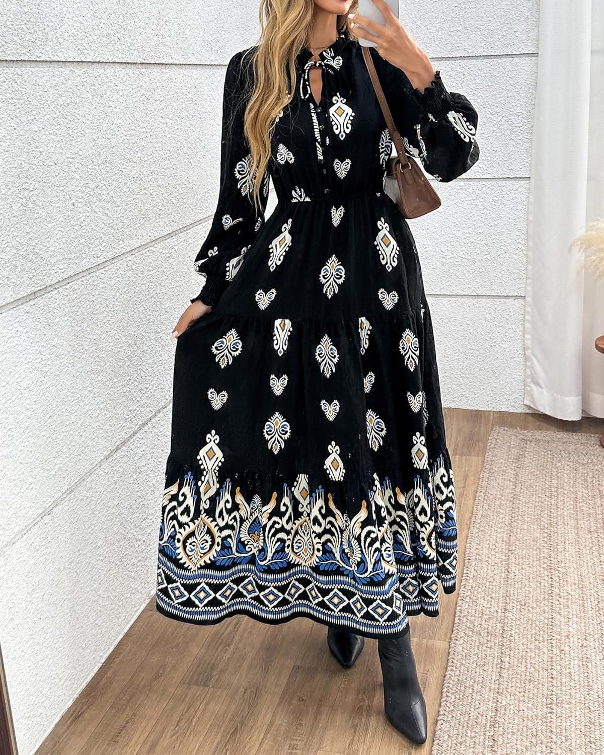 imageBTFBM Womens Fall Wedding Guest Dresses 2025 Casual Floral Long Sleeve V Neck Front Tie Flowy Boho Maxi Dress PocketsBlack White Flower