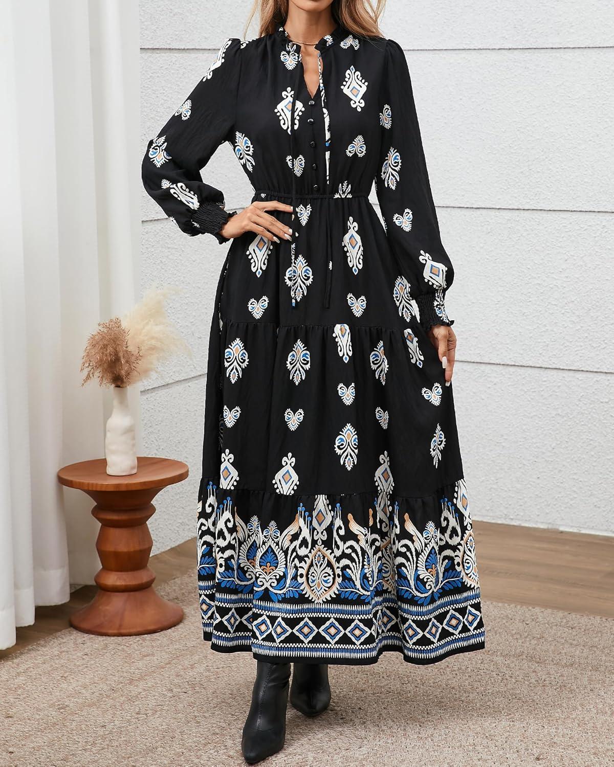 imageBTFBM Womens Fall Wedding Guest Dresses 2025 Casual Floral Long Sleeve V Neck Front Tie Flowy Boho Maxi Dress PocketsBlack White Flower