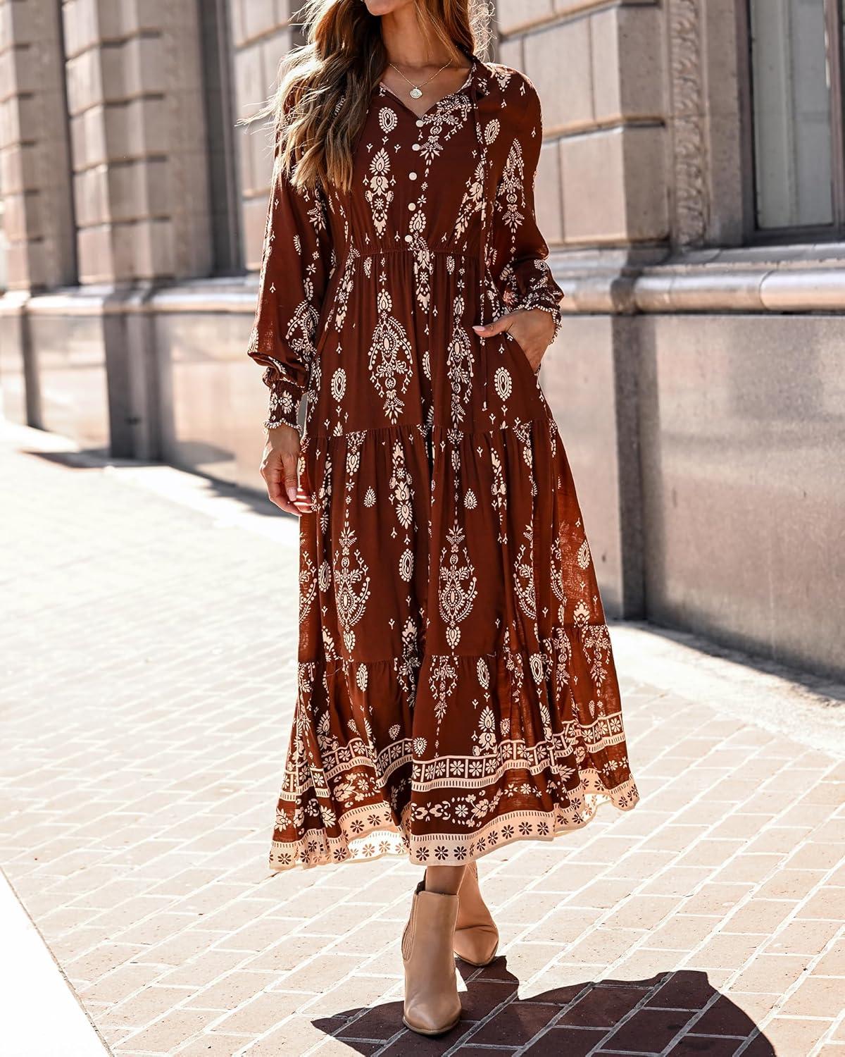imageBTFBM Womens Fall Wedding Guest Dresses 2025 Casual Floral Long Sleeve V Neck Front Tie Flowy Boho Maxi Dress PocketsBrown