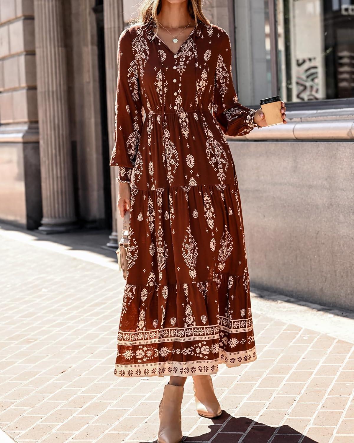 imageBTFBM Womens Fall Wedding Guest Dresses 2025 Casual Floral Long Sleeve V Neck Front Tie Flowy Boho Maxi Dress PocketsBrown
