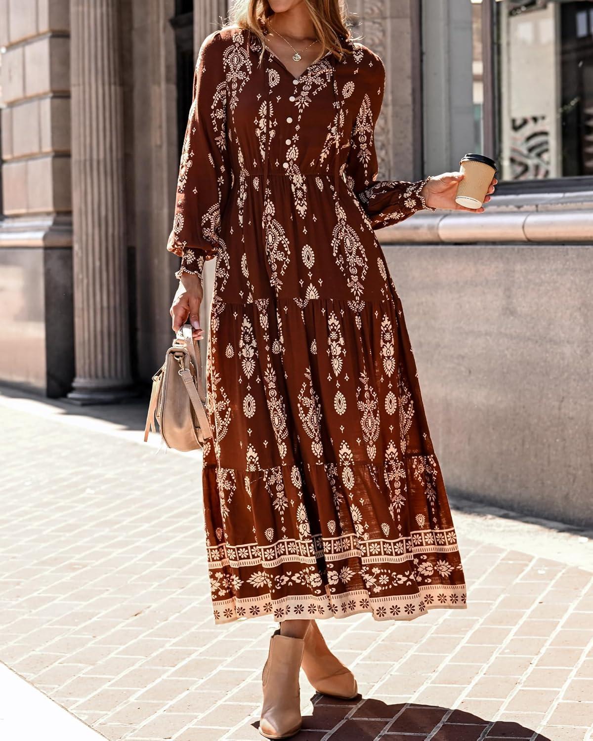 imageBTFBM Womens Fall Wedding Guest Dresses 2025 Casual Floral Long Sleeve V Neck Front Tie Flowy Boho Maxi Dress PocketsBrown