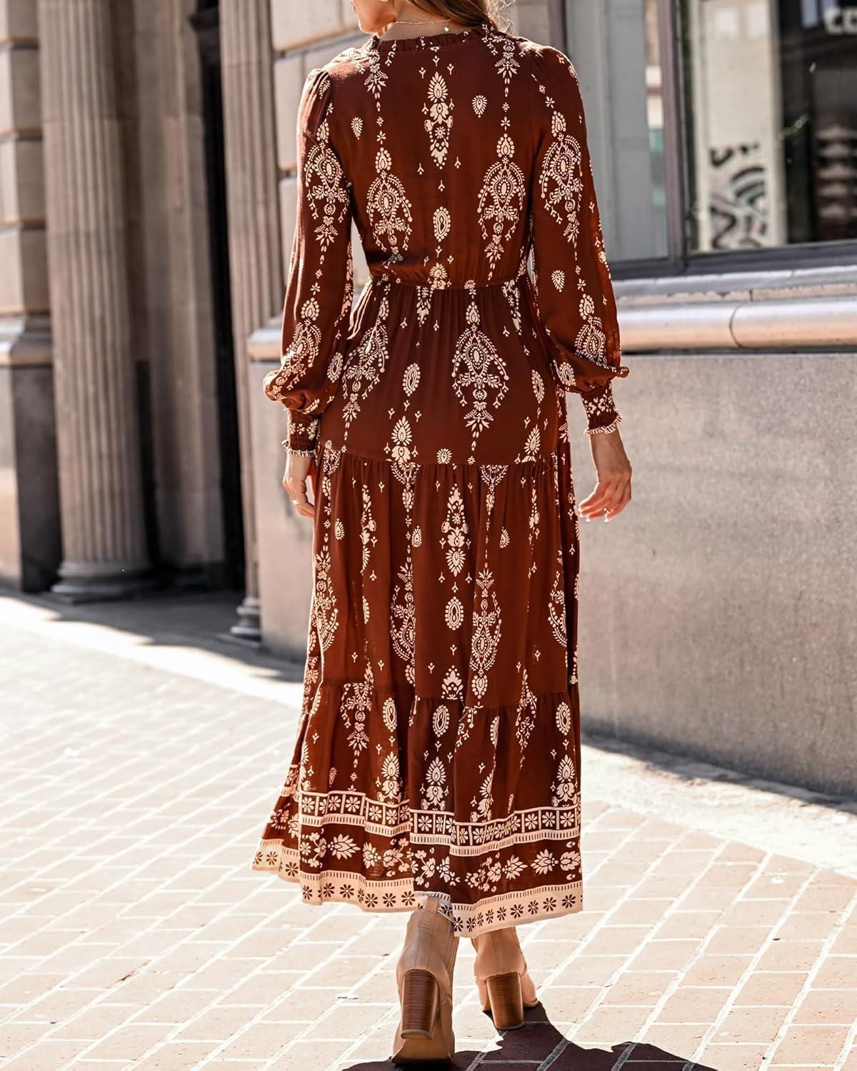 imageBTFBM Womens Fall Wedding Guest Dresses 2025 Casual Floral Long Sleeve V Neck Front Tie Flowy Boho Maxi Dress PocketsBrown