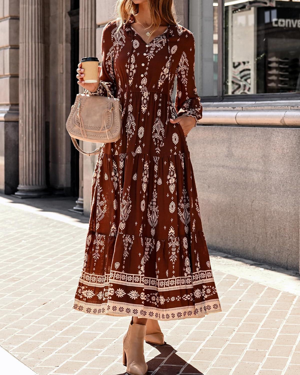 imageBTFBM Womens Fall Wedding Guest Dresses 2025 Casual Floral Long Sleeve V Neck Front Tie Flowy Boho Maxi Dress PocketsBrown