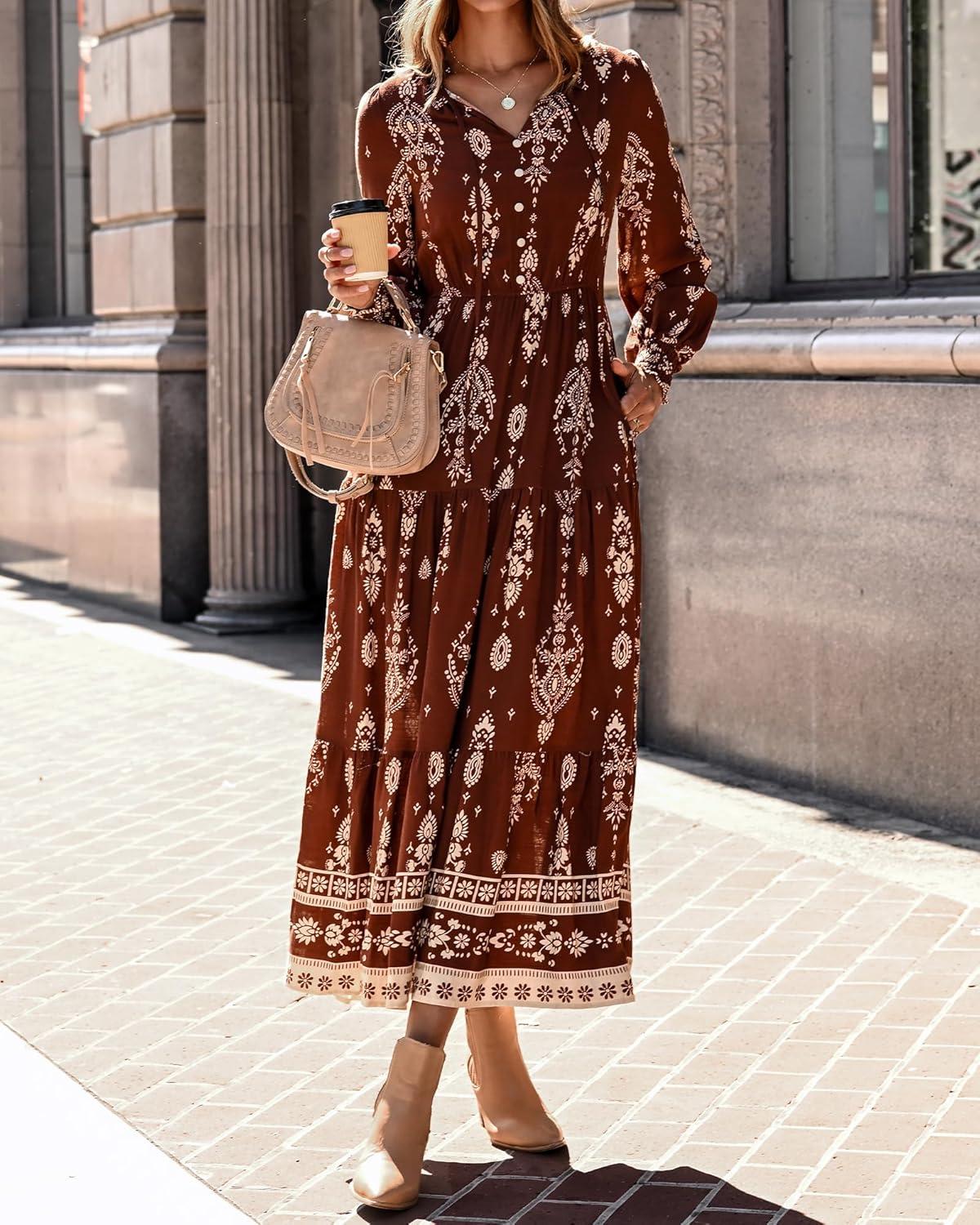 imageBTFBM Womens Fall Wedding Guest Dresses 2025 Casual Floral Long Sleeve V Neck Front Tie Flowy Boho Maxi Dress PocketsBrown