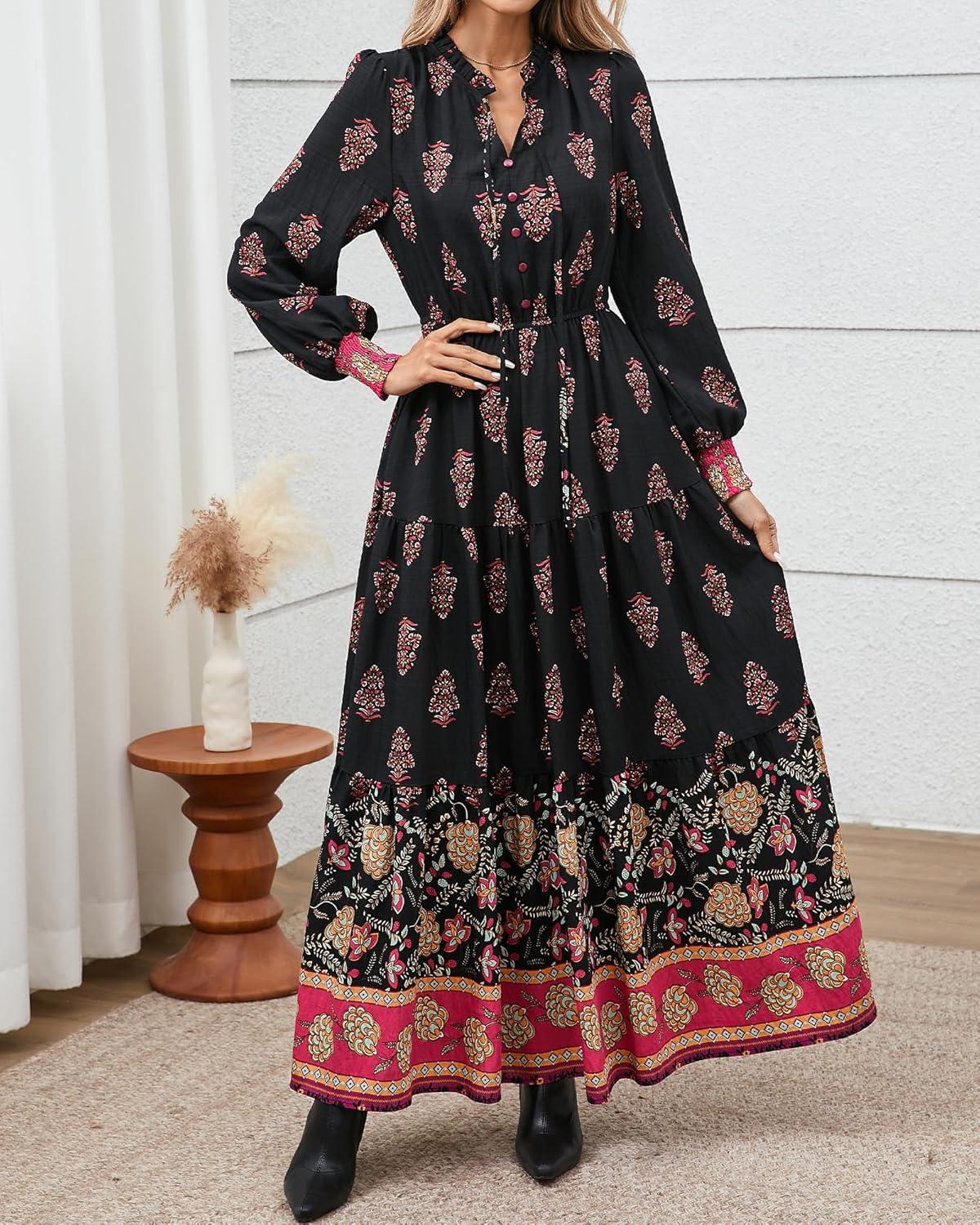 imageBTFBM Womens Fall Wedding Guest Dresses 2025 Casual Floral Long Sleeve V Neck Front Tie Flowy Boho Maxi Dress PocketsFloral Black Multicolored