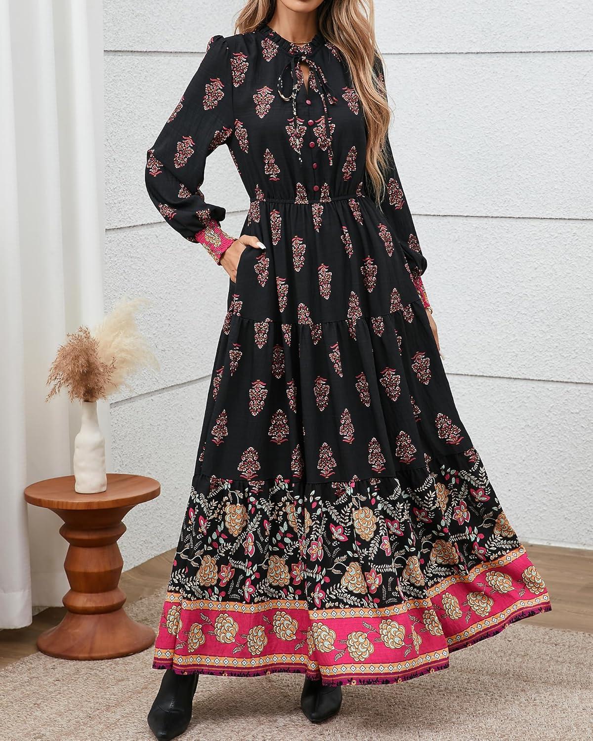 imageBTFBM Womens Fall Wedding Guest Dresses 2025 Casual Floral Long Sleeve V Neck Front Tie Flowy Boho Maxi Dress PocketsFloral Black Multicolored