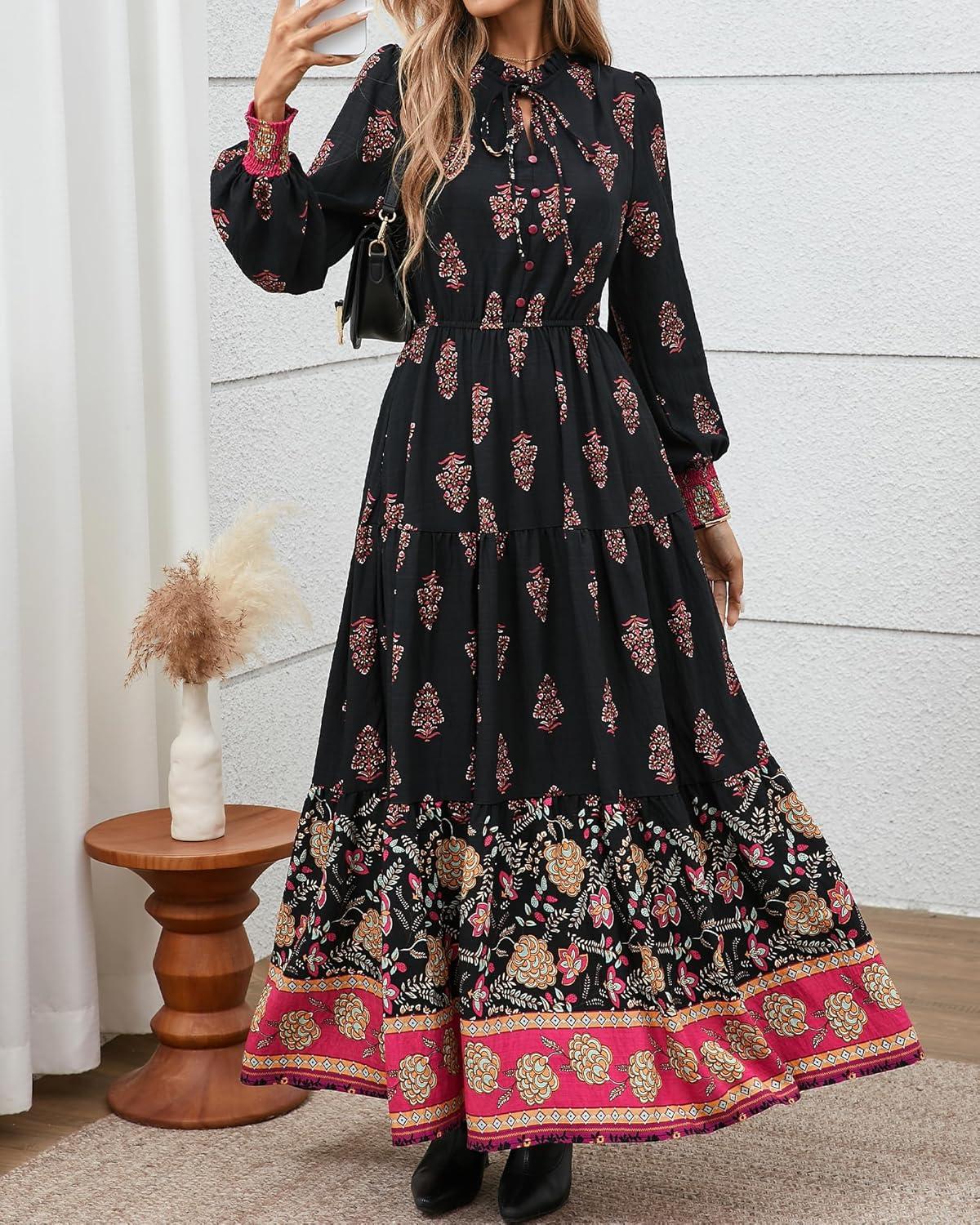 imageBTFBM Womens Fall Wedding Guest Dresses 2025 Casual Floral Long Sleeve V Neck Front Tie Flowy Boho Maxi Dress PocketsFloral Black Multicolored