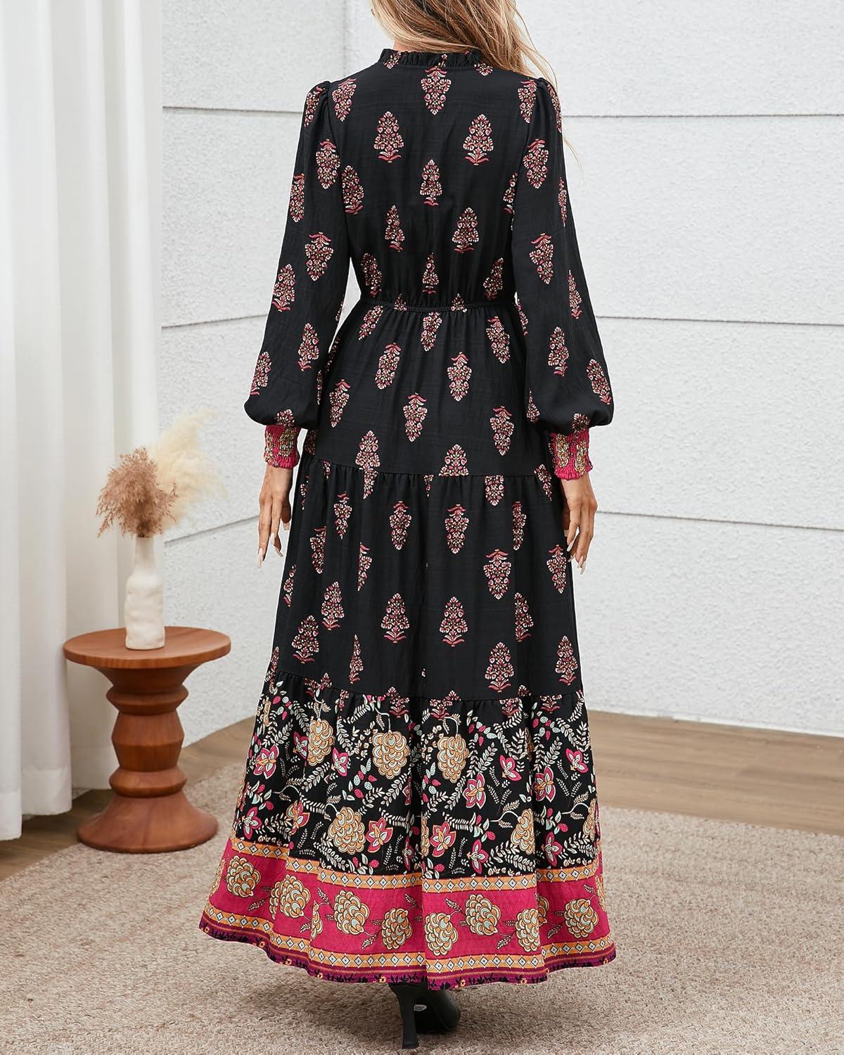 imageBTFBM Womens Fall Wedding Guest Dresses 2025 Casual Floral Long Sleeve V Neck Front Tie Flowy Boho Maxi Dress PocketsFloral Black Multicolored