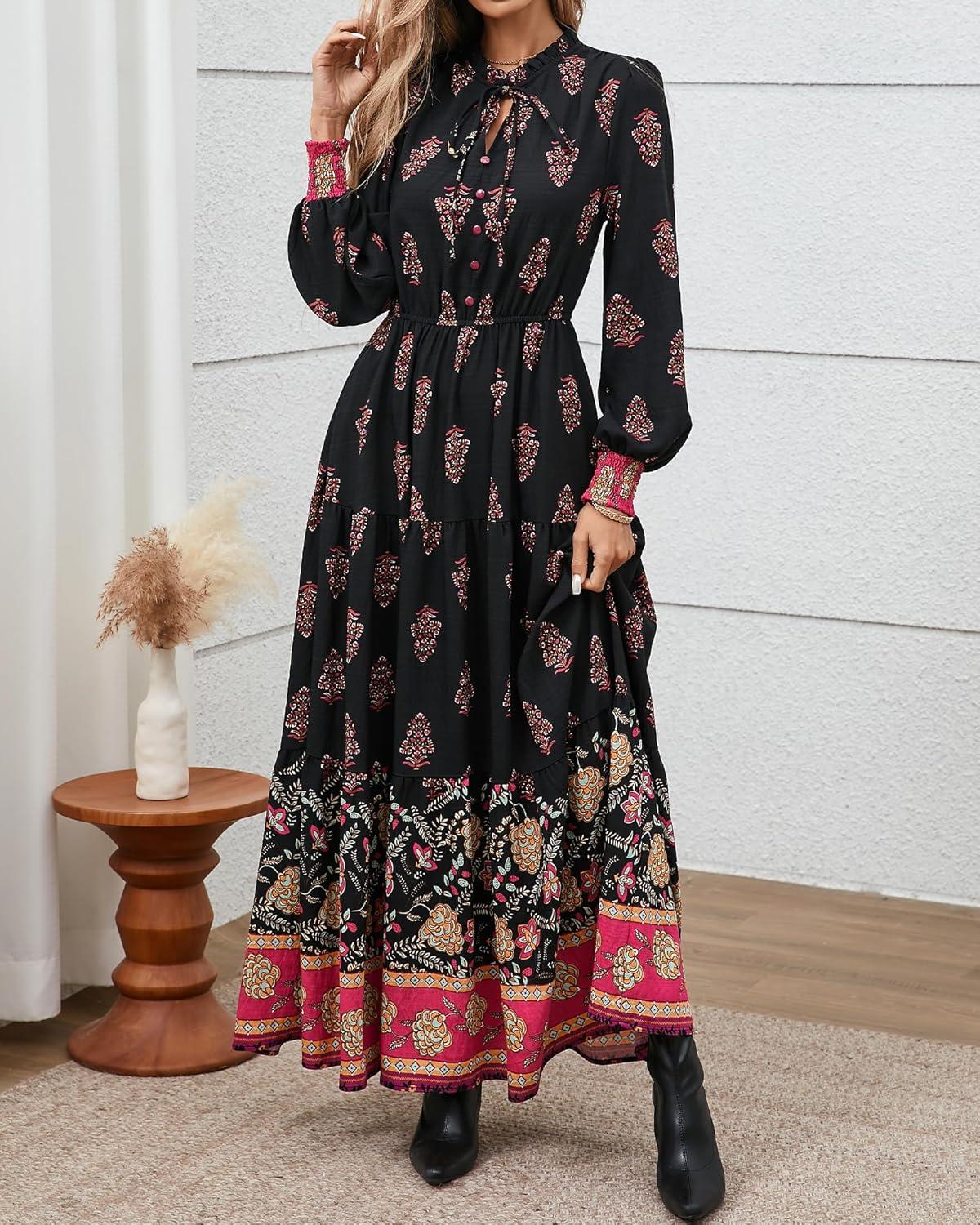 imageBTFBM Womens Fall Wedding Guest Dresses 2025 Casual Floral Long Sleeve V Neck Front Tie Flowy Boho Maxi Dress PocketsFloral Black Multicolored