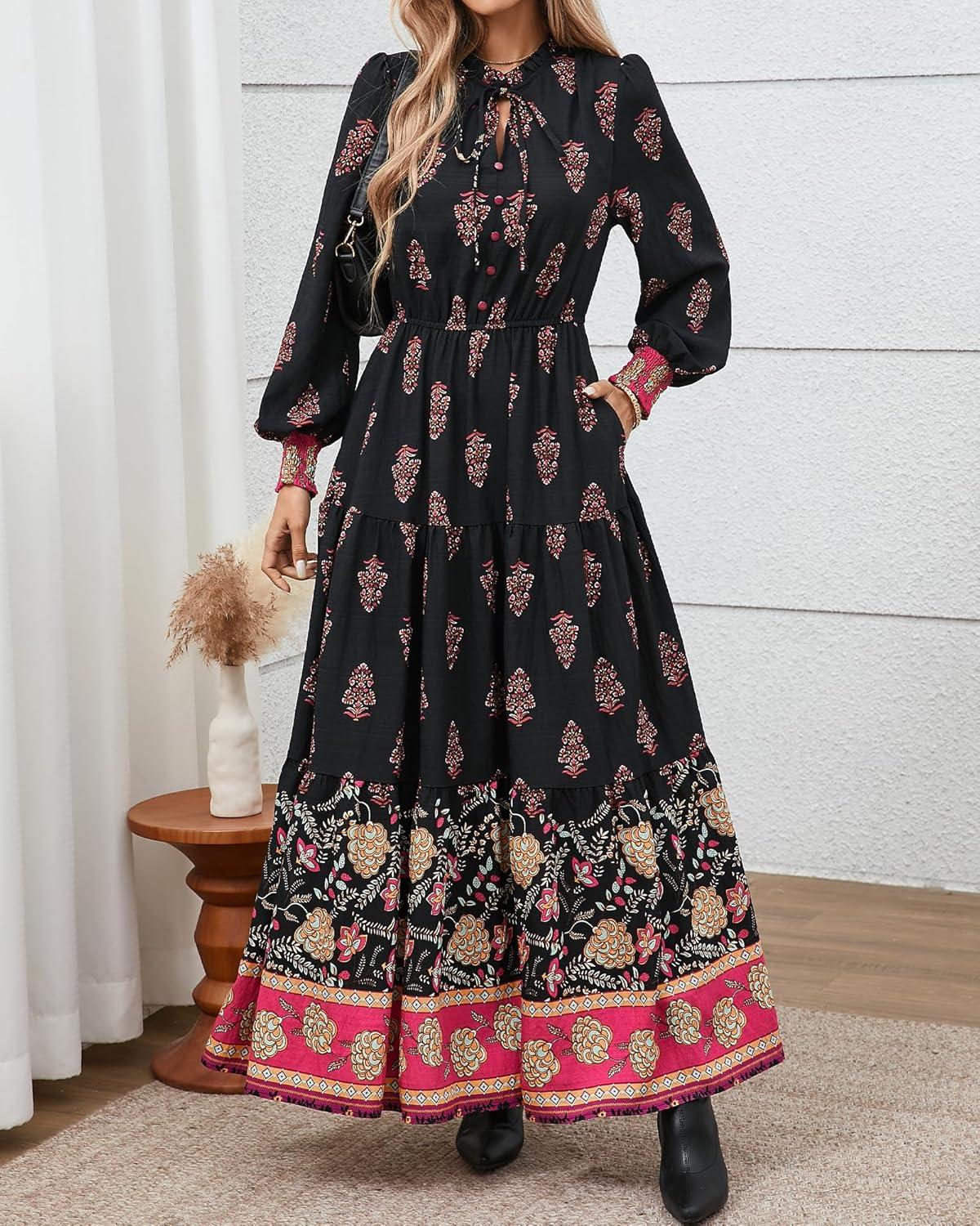 imageBTFBM Womens Fall Wedding Guest Dresses 2025 Casual Floral Long Sleeve V Neck Front Tie Flowy Boho Maxi Dress PocketsFloral Black Multicolored