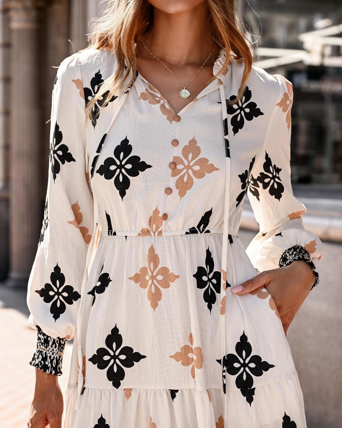 imageBTFBM Womens Fall Wedding Guest Dresses 2025 Casual Floral Long Sleeve V Neck Front Tie Flowy Boho Maxi Dress PocketsFloral White Multicolored