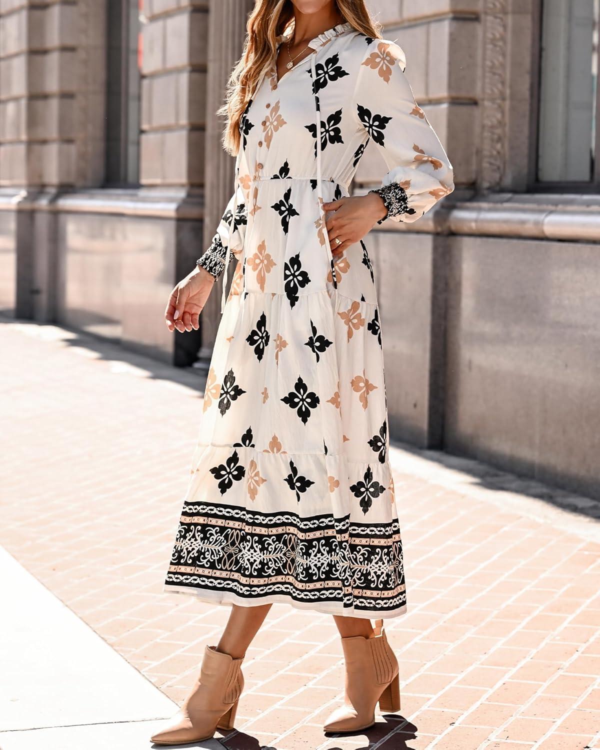 imageBTFBM Womens Fall Wedding Guest Dresses 2025 Casual Floral Long Sleeve V Neck Front Tie Flowy Boho Maxi Dress PocketsFloral White Multicolored