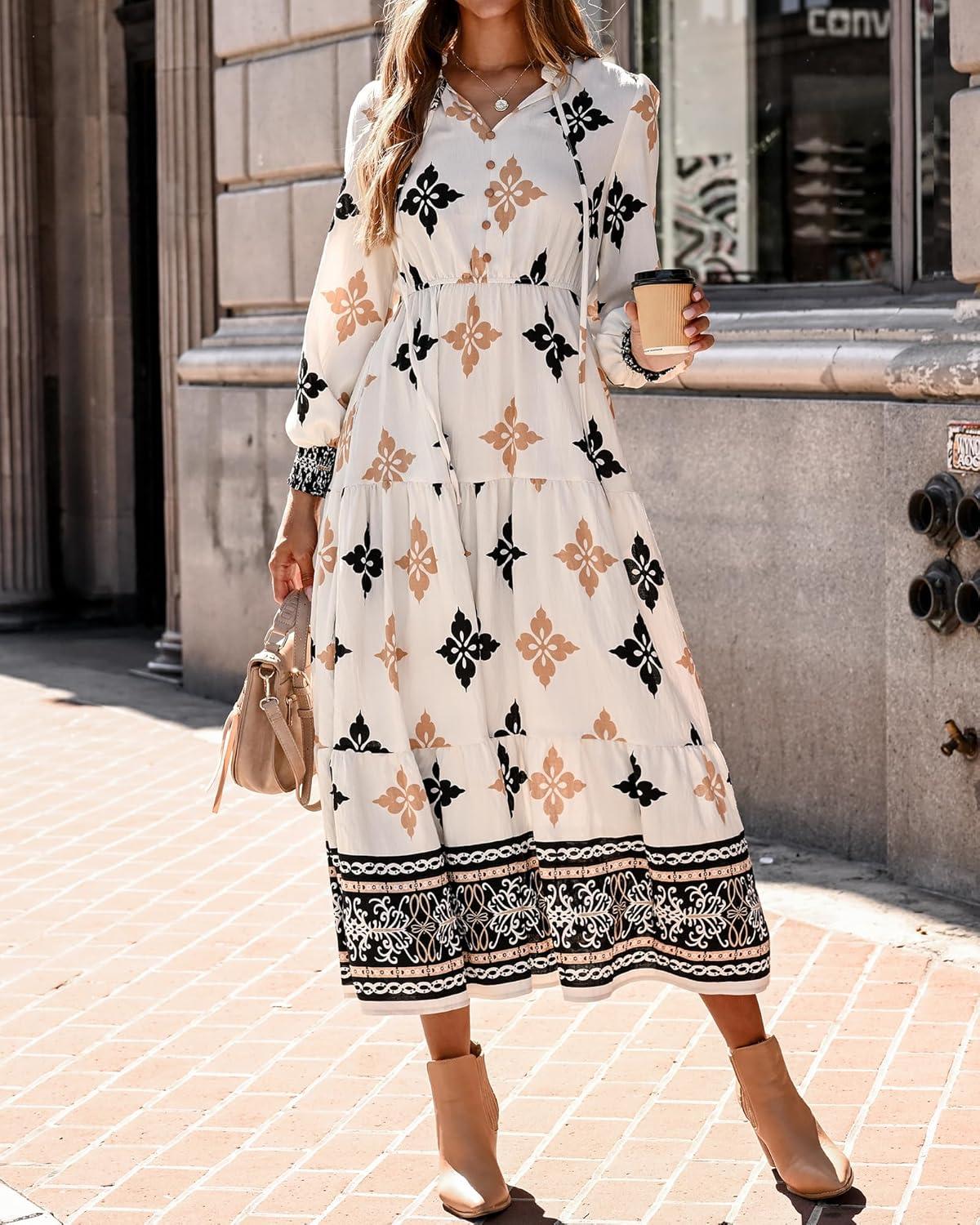 imageBTFBM Womens Fall Wedding Guest Dresses 2025 Casual Floral Long Sleeve V Neck Front Tie Flowy Boho Maxi Dress PocketsFloral White Multicolored