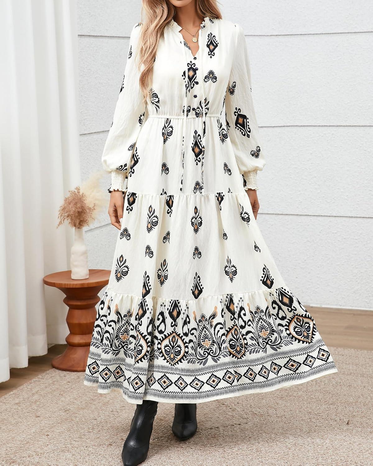 imageBTFBM Womens Fall Wedding Guest Dresses 2025 Casual Floral Long Sleeve V Neck Front Tie Flowy Boho Maxi Dress PocketsWhite Black Flower