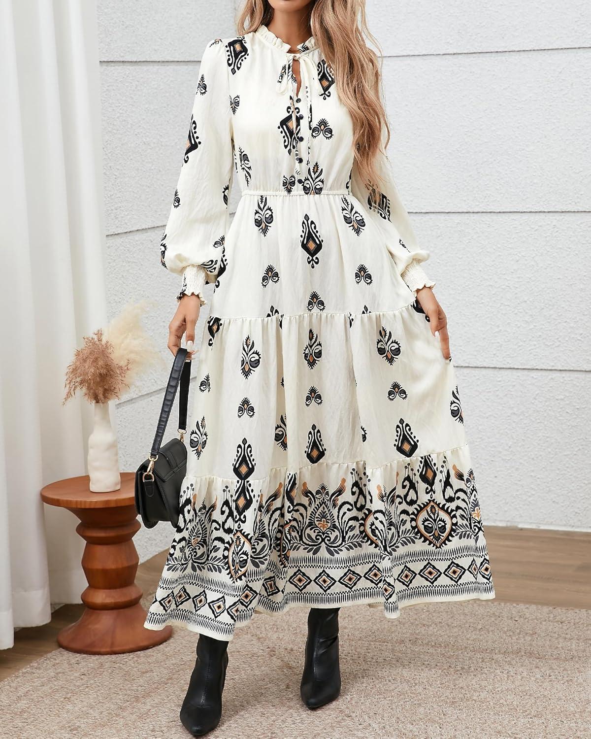 imageBTFBM Womens Fall Wedding Guest Dresses 2025 Casual Floral Long Sleeve V Neck Front Tie Flowy Boho Maxi Dress PocketsWhite Black Flower