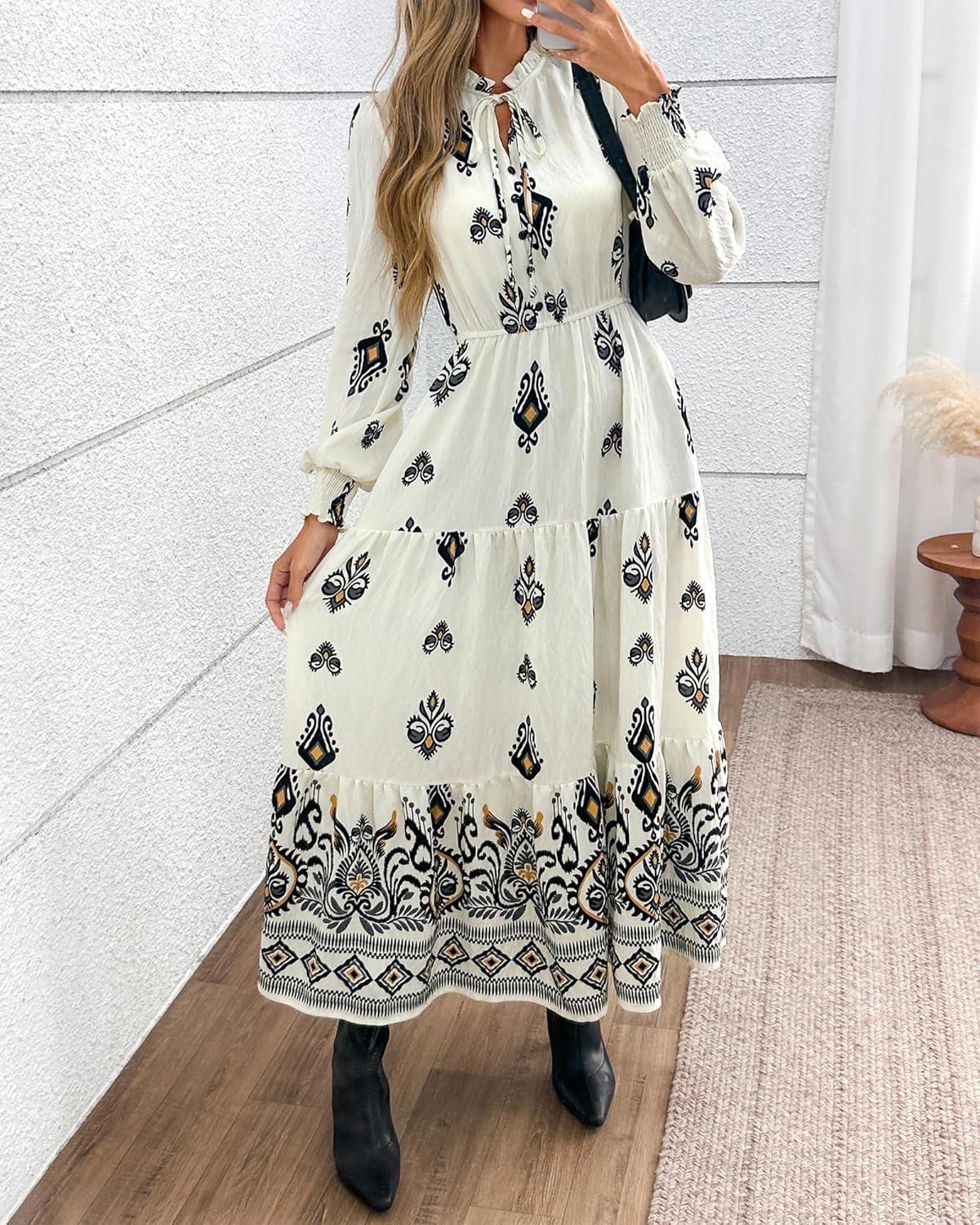 imageBTFBM Womens Fall Wedding Guest Dresses 2025 Casual Floral Long Sleeve V Neck Front Tie Flowy Boho Maxi Dress PocketsWhite Black Flower