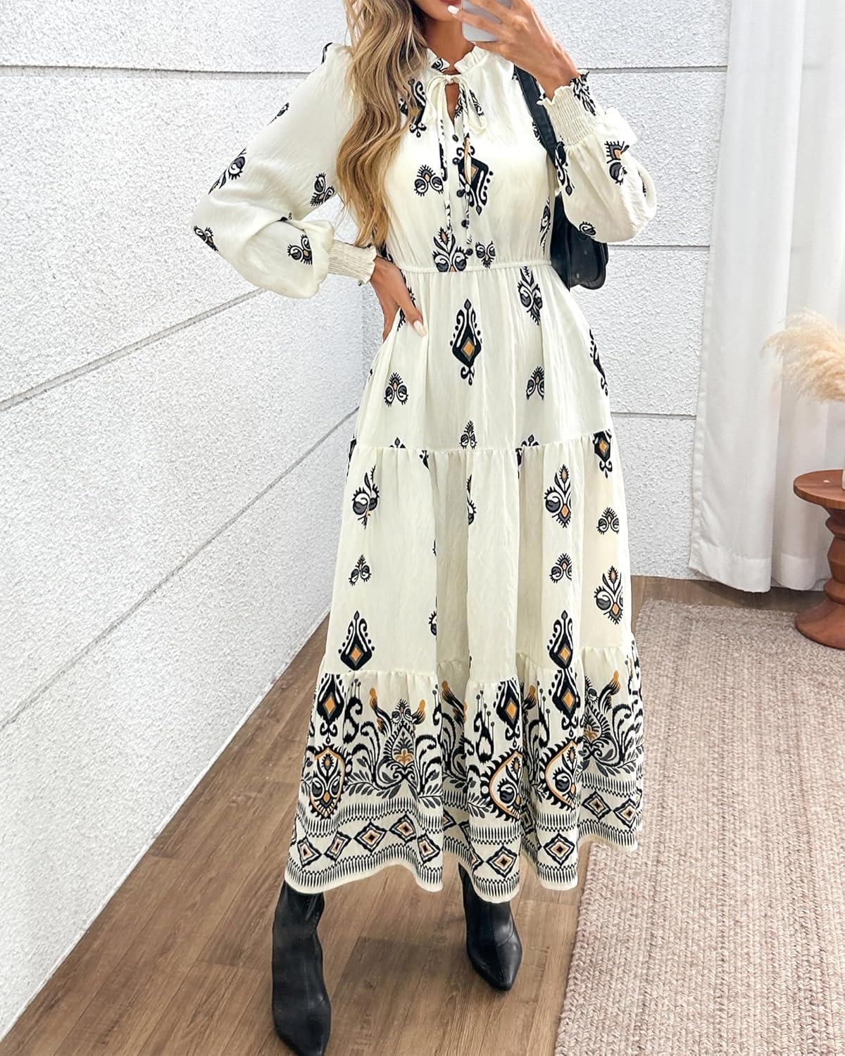 imageBTFBM Womens Fall Wedding Guest Dresses 2025 Casual Floral Long Sleeve V Neck Front Tie Flowy Boho Maxi Dress PocketsWhite Black Flower