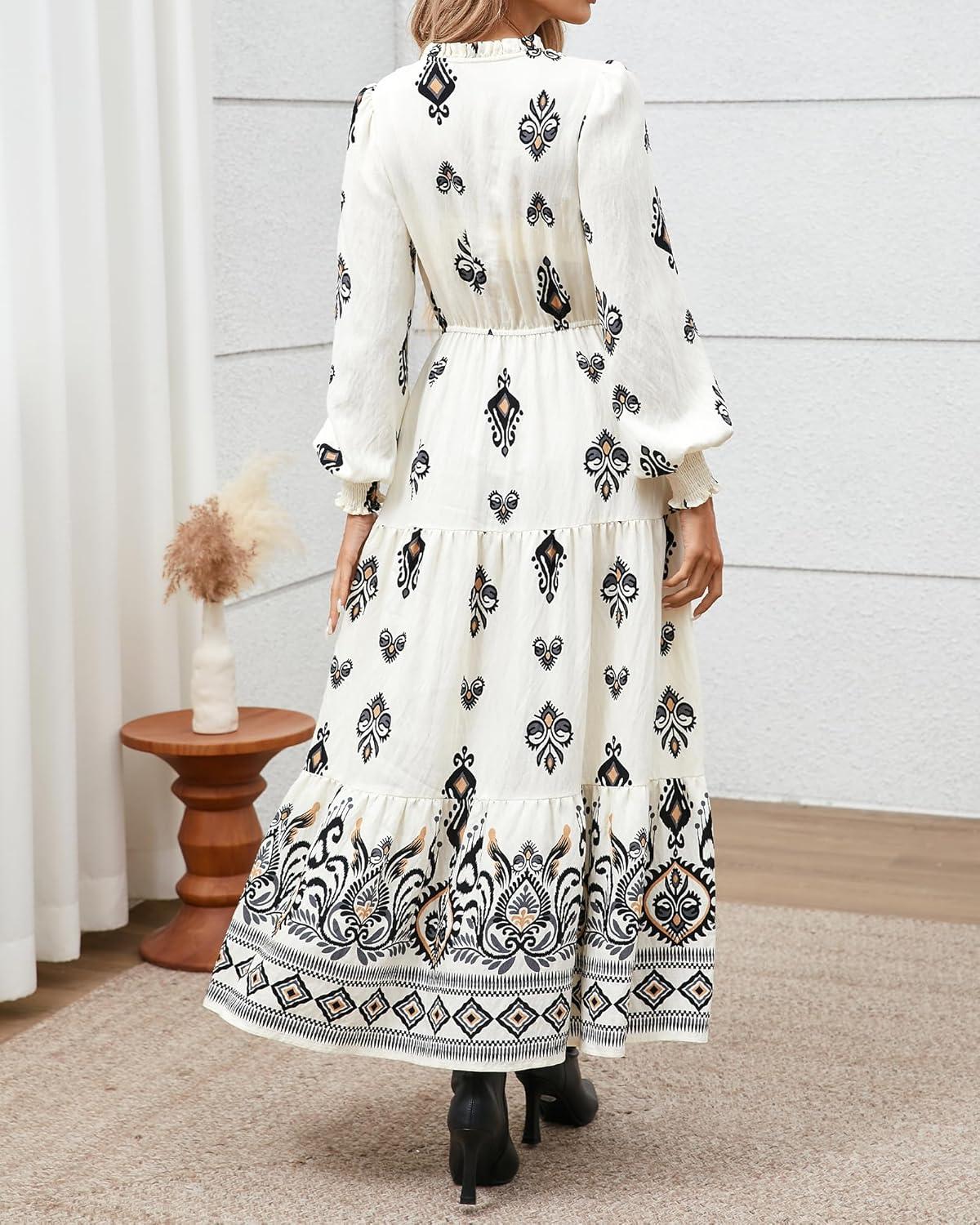 imageBTFBM Womens Fall Wedding Guest Dresses 2025 Casual Floral Long Sleeve V Neck Front Tie Flowy Boho Maxi Dress PocketsWhite Black Flower
