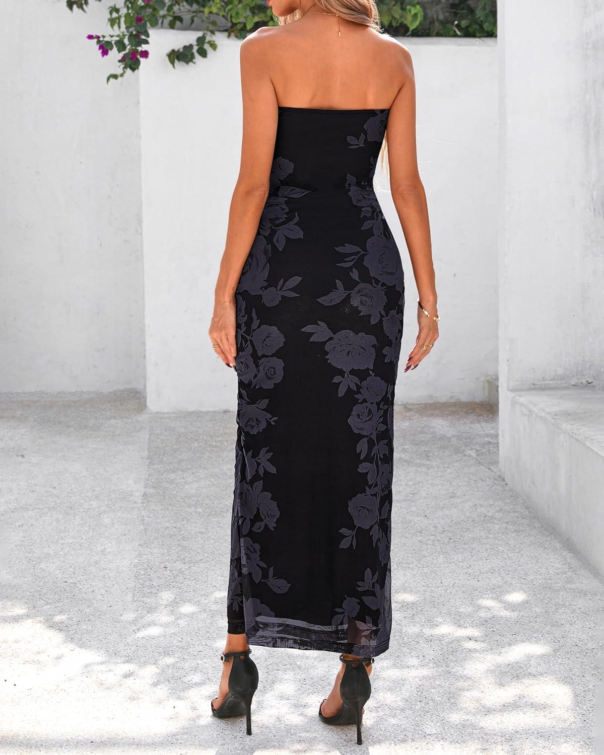 imageBTFBM Womens Floral Maxi Dresses Summer 2026 Strapless Tube Bodycon Mesh Layered Cocktail Party Wedding Guest DressFloral Black