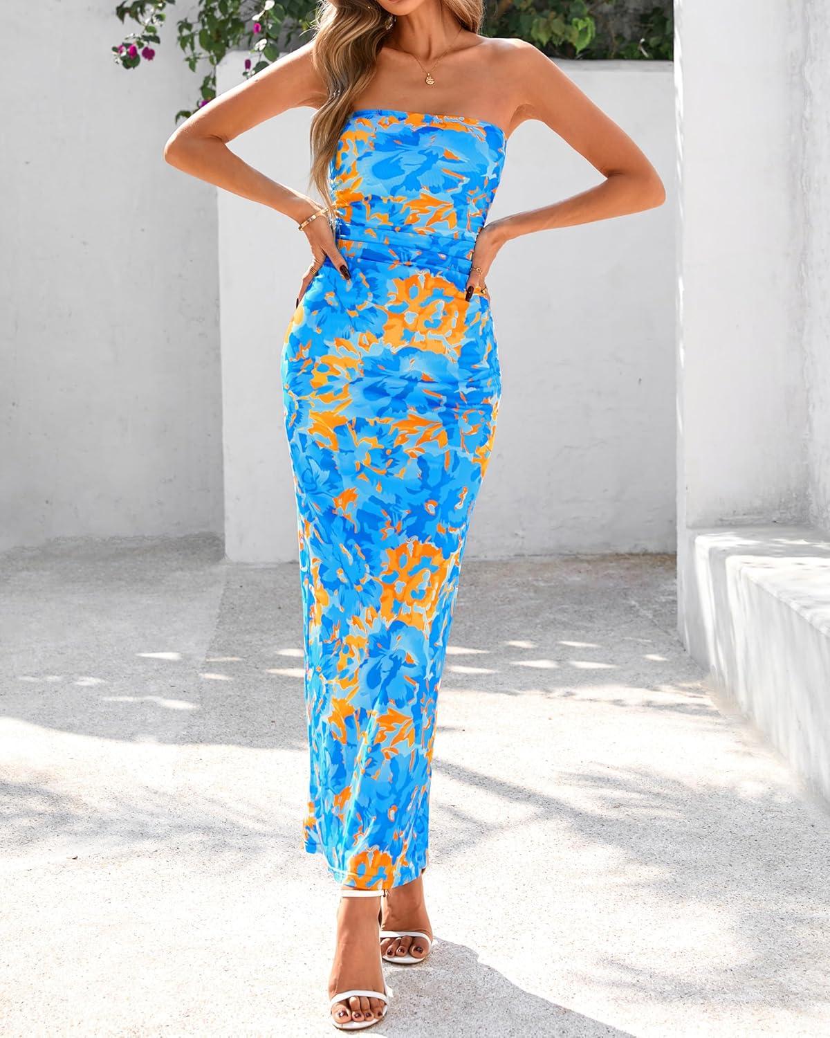 imageBTFBM Womens Floral Maxi Dresses Summer 2026 Strapless Tube Bodycon Mesh Layered Cocktail Party Wedding Guest DressFloral Blue